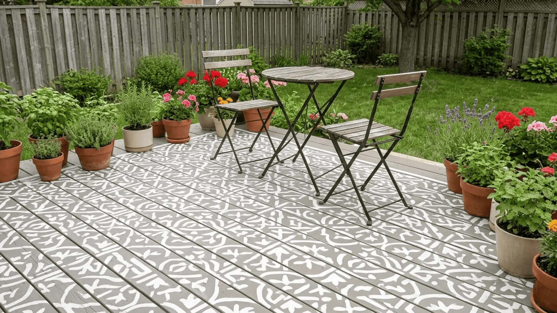geometric stencil painted deck pattern in white and gray with bistro chairs and potted plants