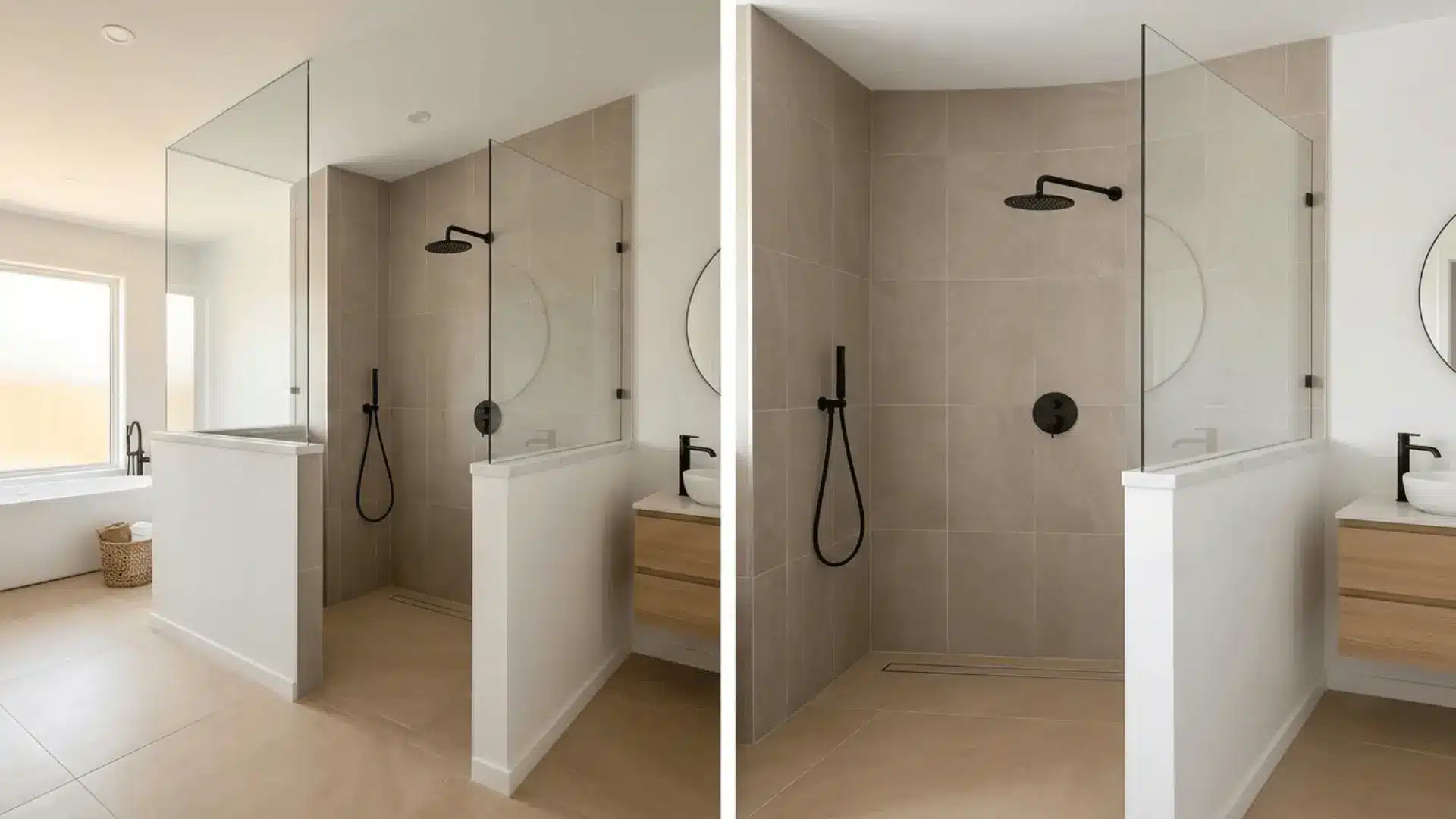 half wall shower with fixed glass panel, matte black fixtures, and sand porcelain floor