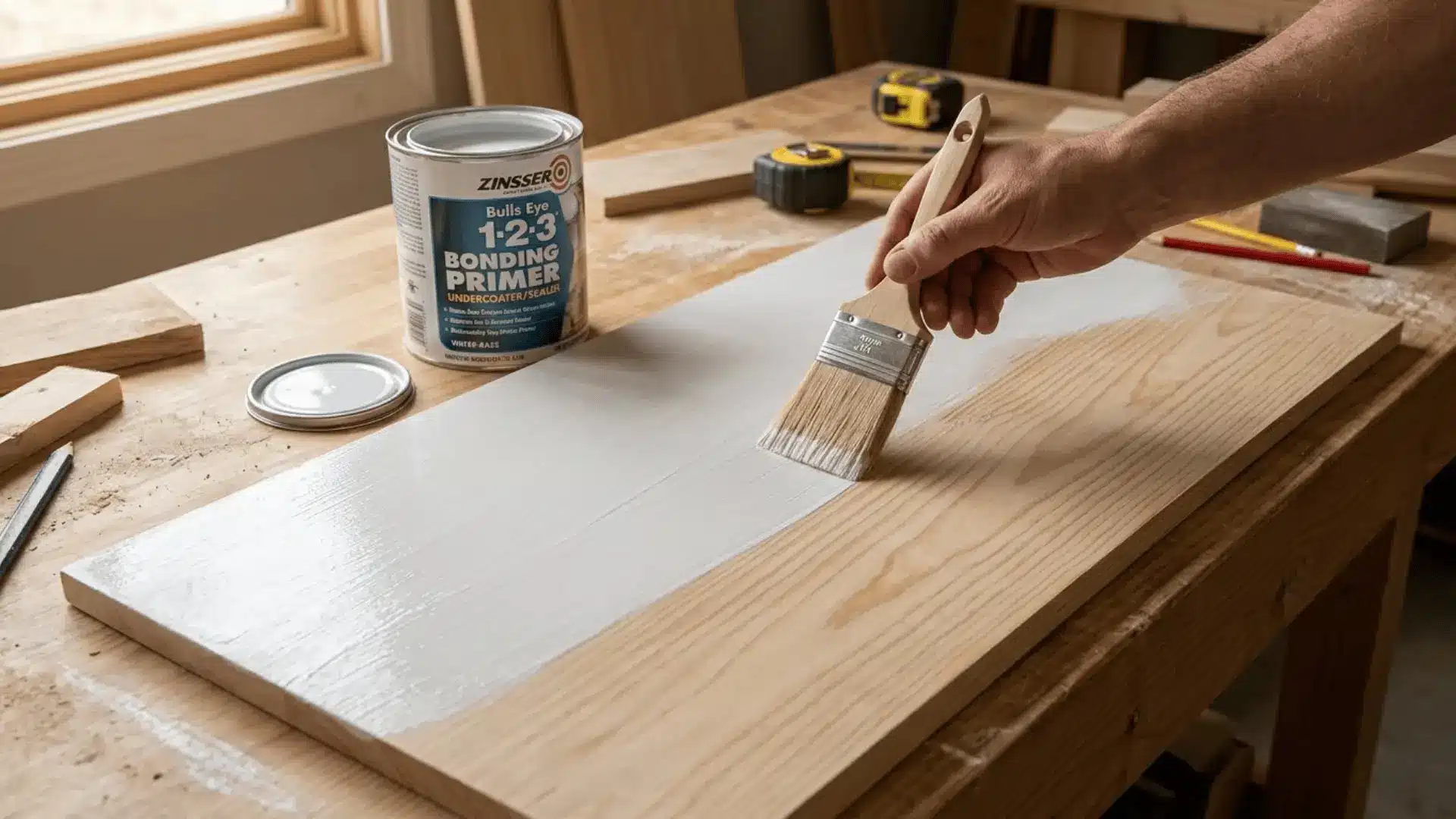 hand brushing bonding primer onto sanded wood surface with open primer can on workbench nearby