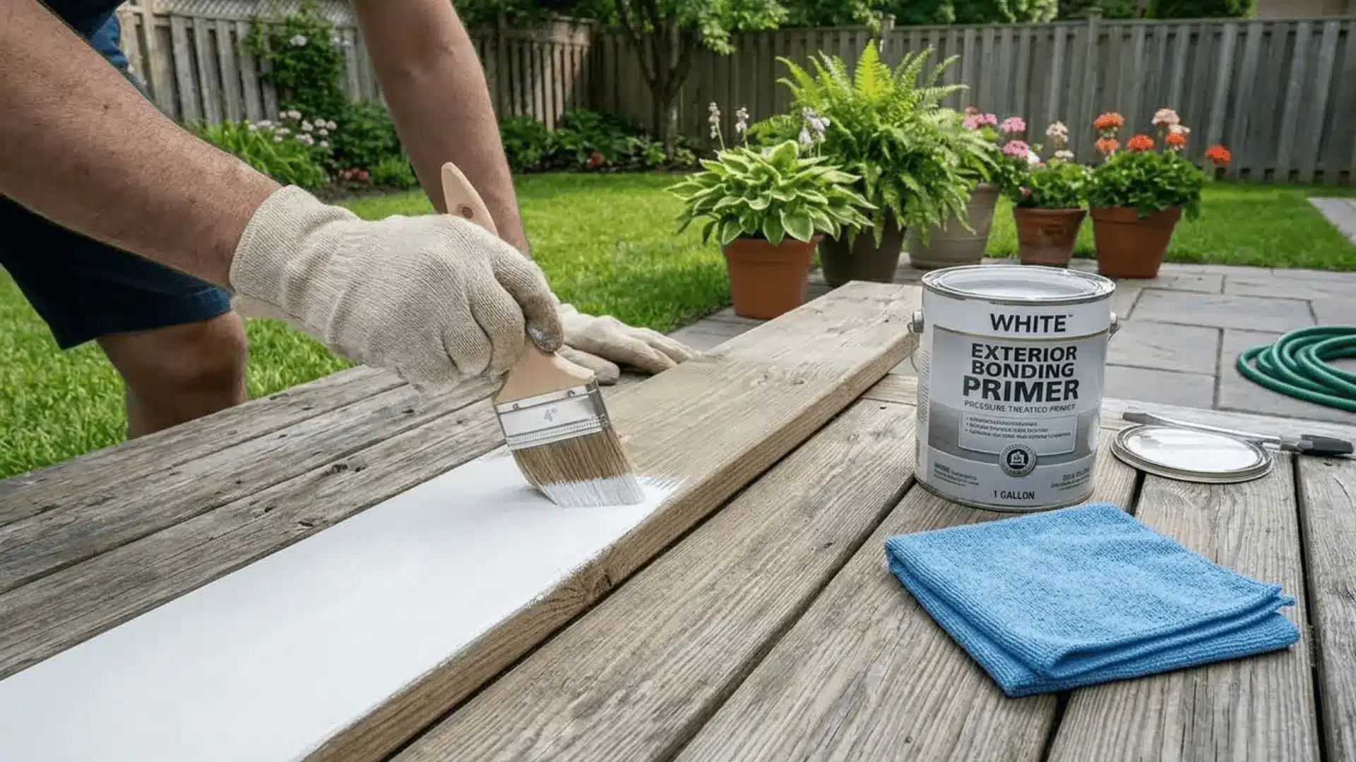hand brushing white exterior bonding primer onto pressure-treated wood plank outdoors in soft daylight
