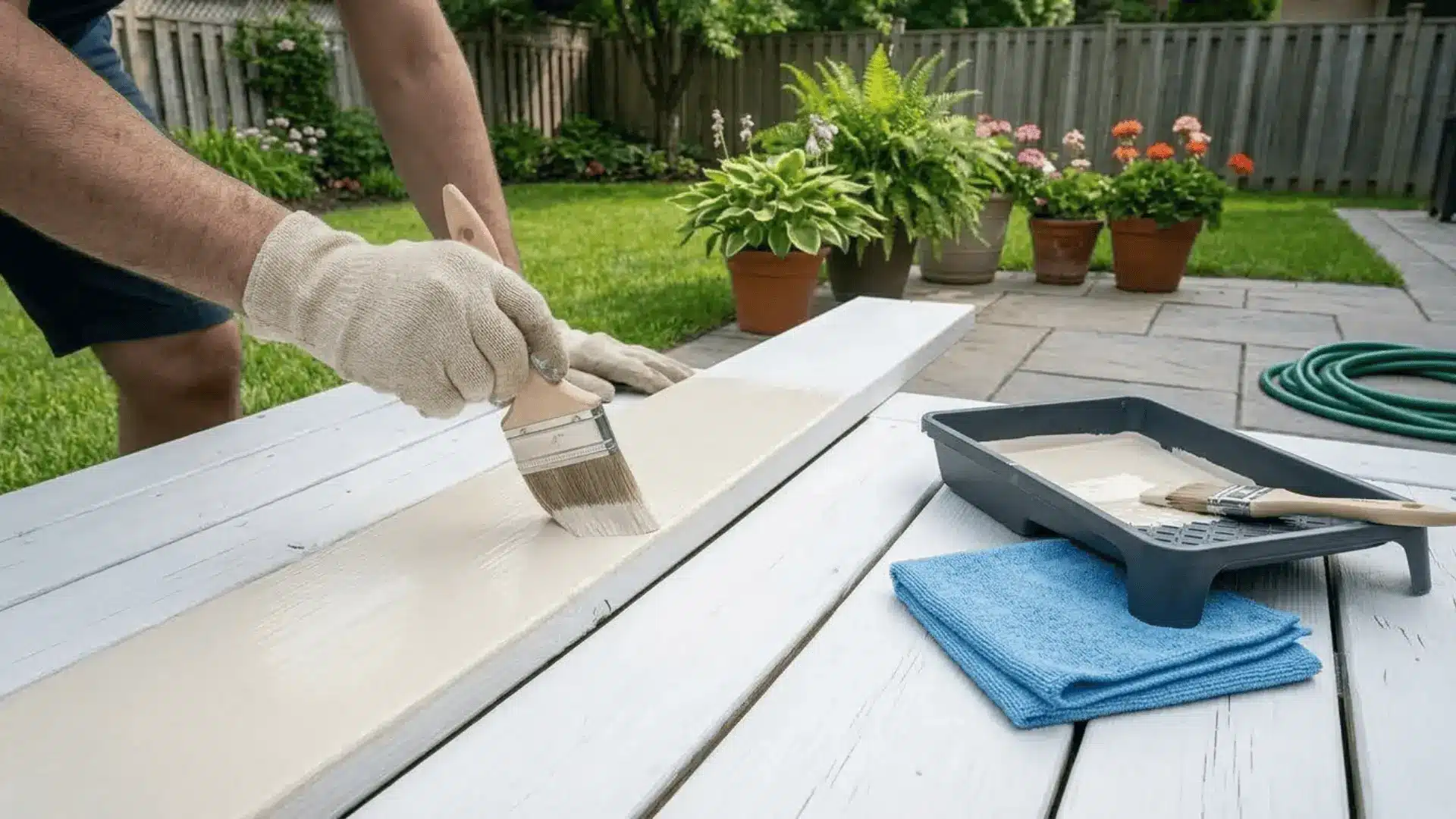 hand painting primed pressure-treated wood deck with white exterior latex paint in natural sunlight
