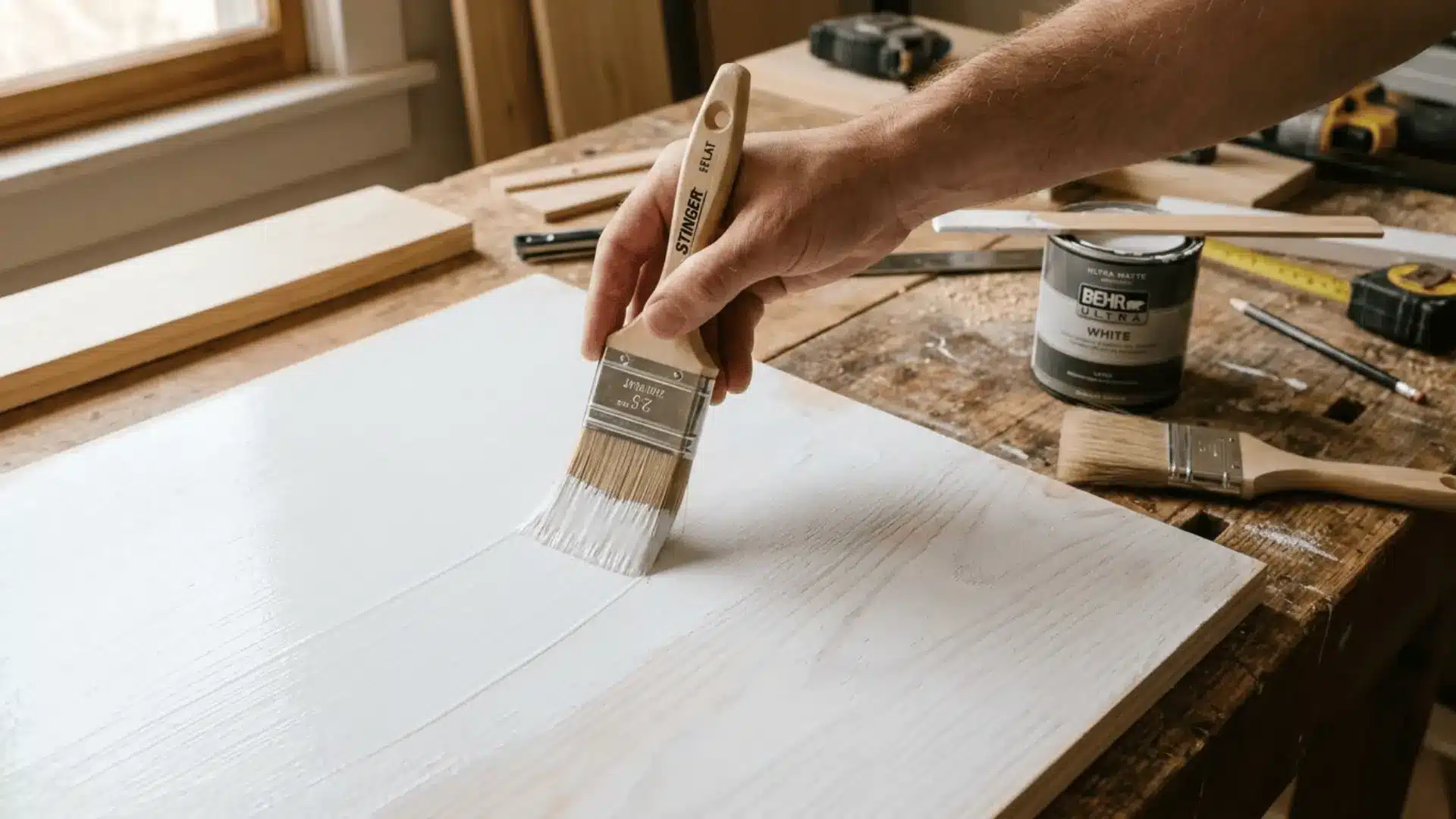 hand painting thin white coat over primed wood surface with paint can and brush on workbench