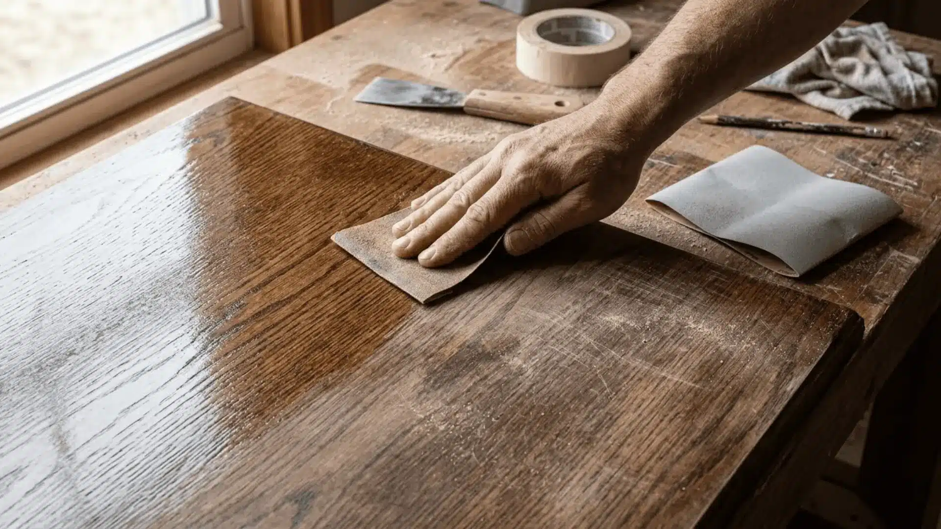 hand sanding polyurethane wood surface showing glossy and dulled sections with sandpaper and fine dust