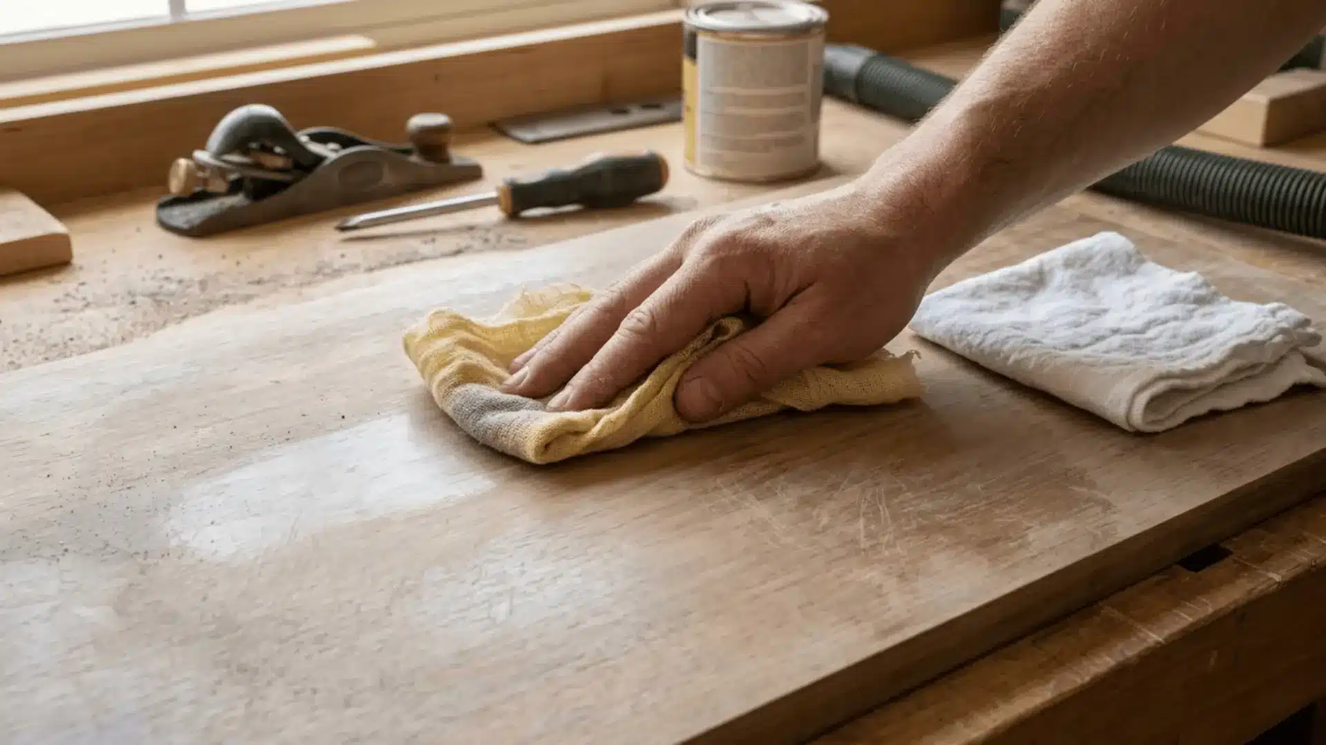 hand using tack cloth to wipe sanding dust off dulled wood surface with damp rag nearby