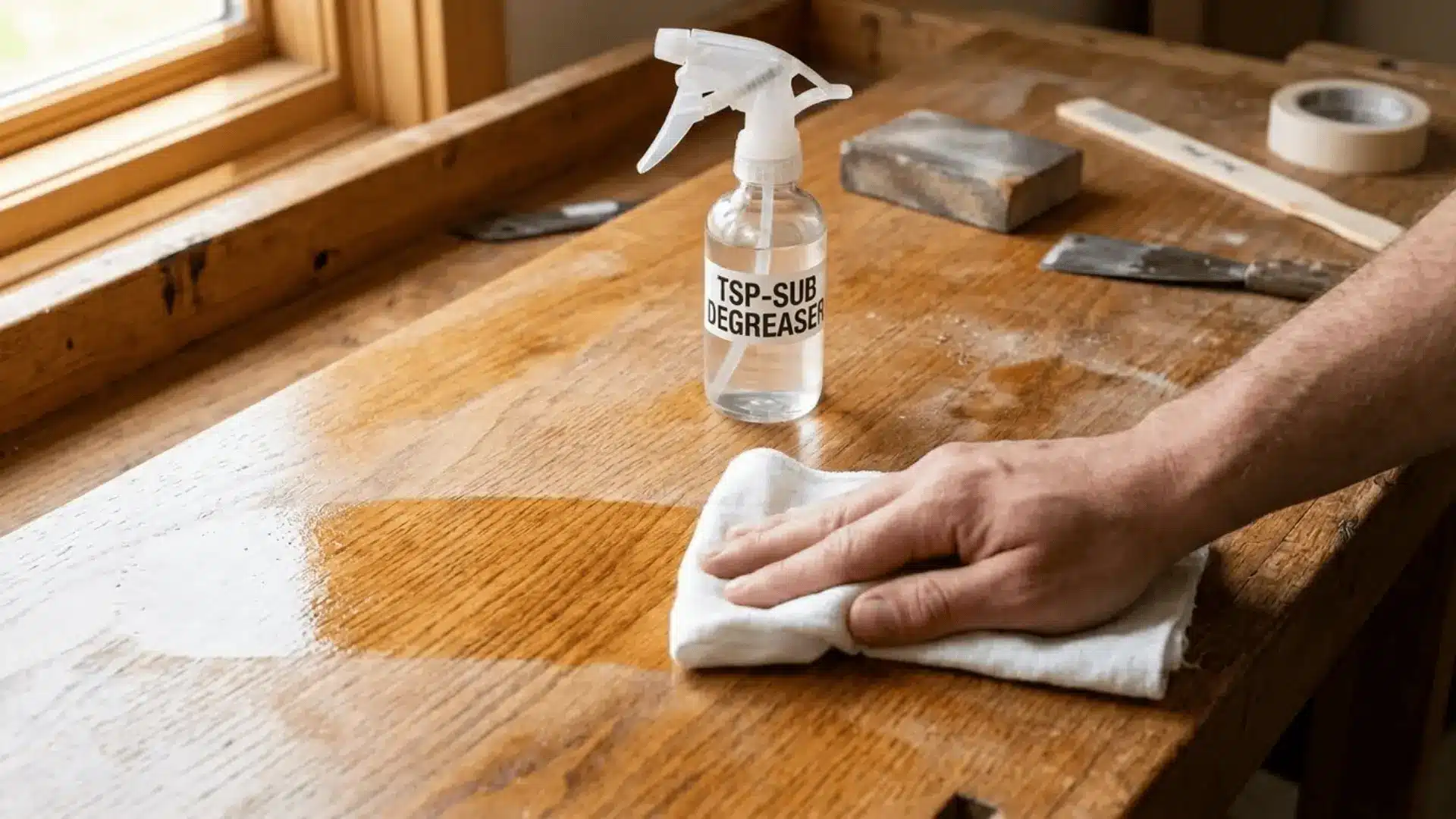 hand wiping glossy polyurethane wood surface with cloth and degreaser spray bottle on workbench