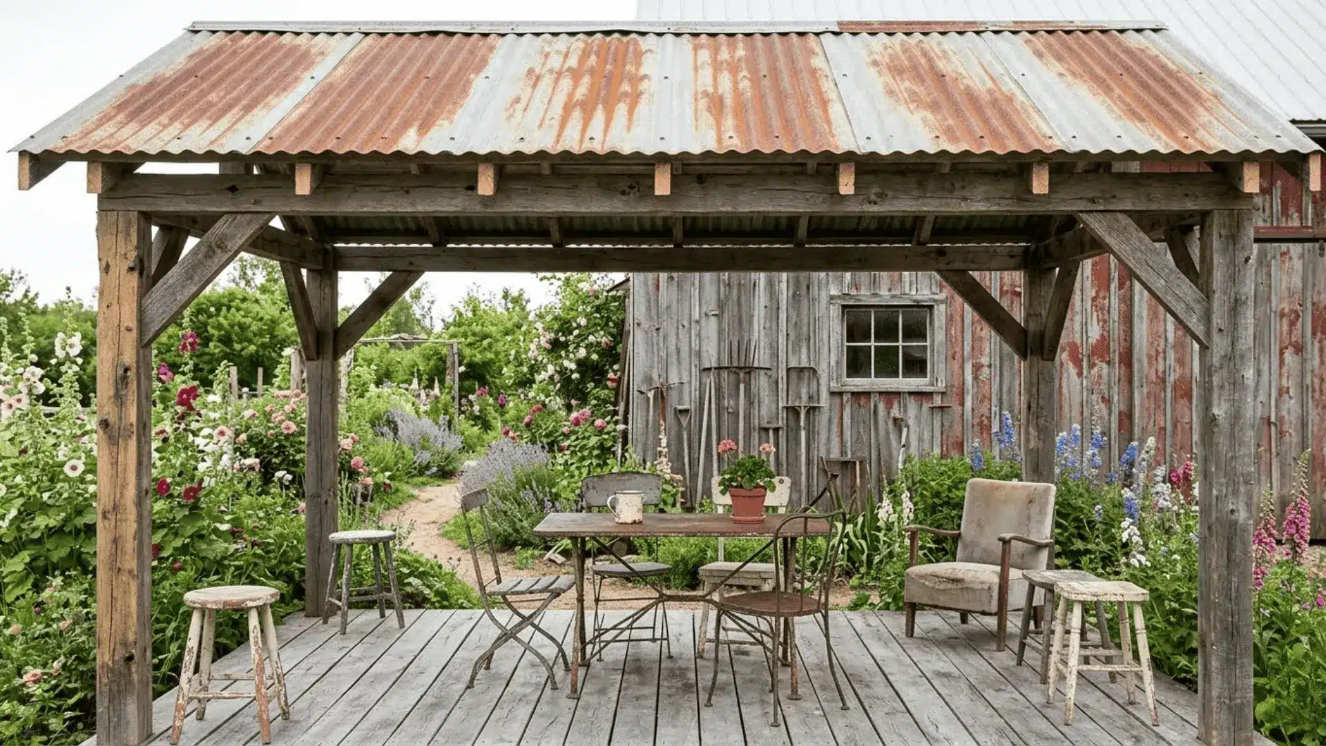 handbuilt reclaimed timber frame with weathered corrugated tin roof over a rustic backyard deck