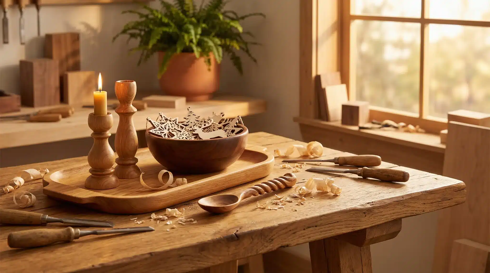 Wooden candlesticks and carved bowl on rustic workbench in sunlit workshop with chisels and wood shavings