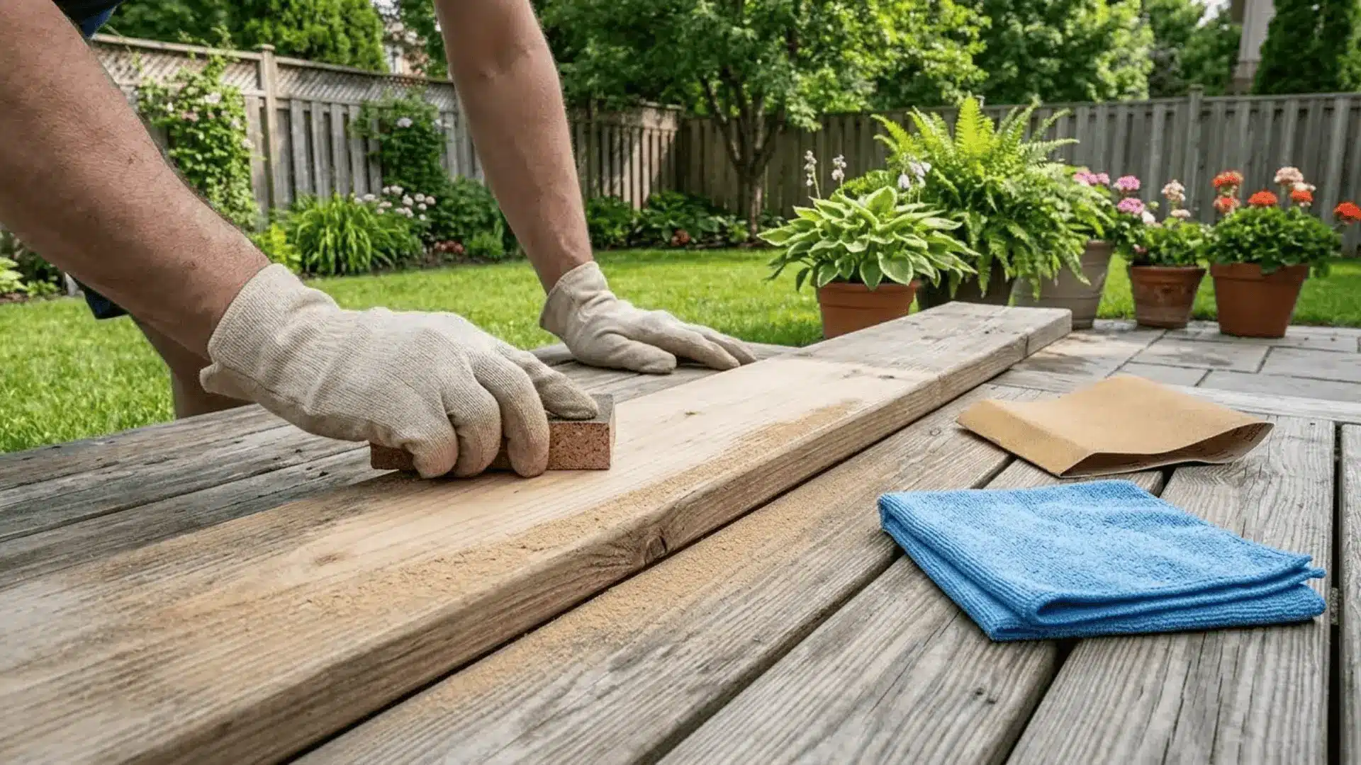 hands sanding pressure-treated wood plank with sandpaper outdoors with fine dust along the grain