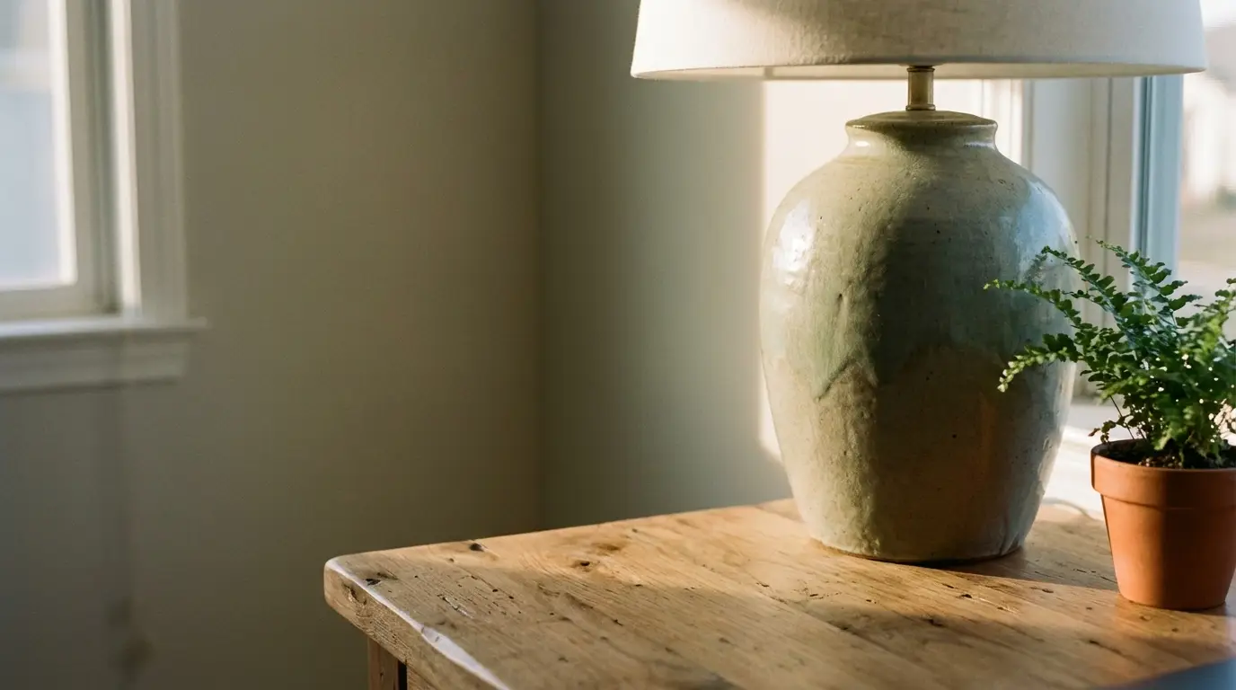 Ceramic table lamp and small potted plant on rustic wooden surface in cozy room