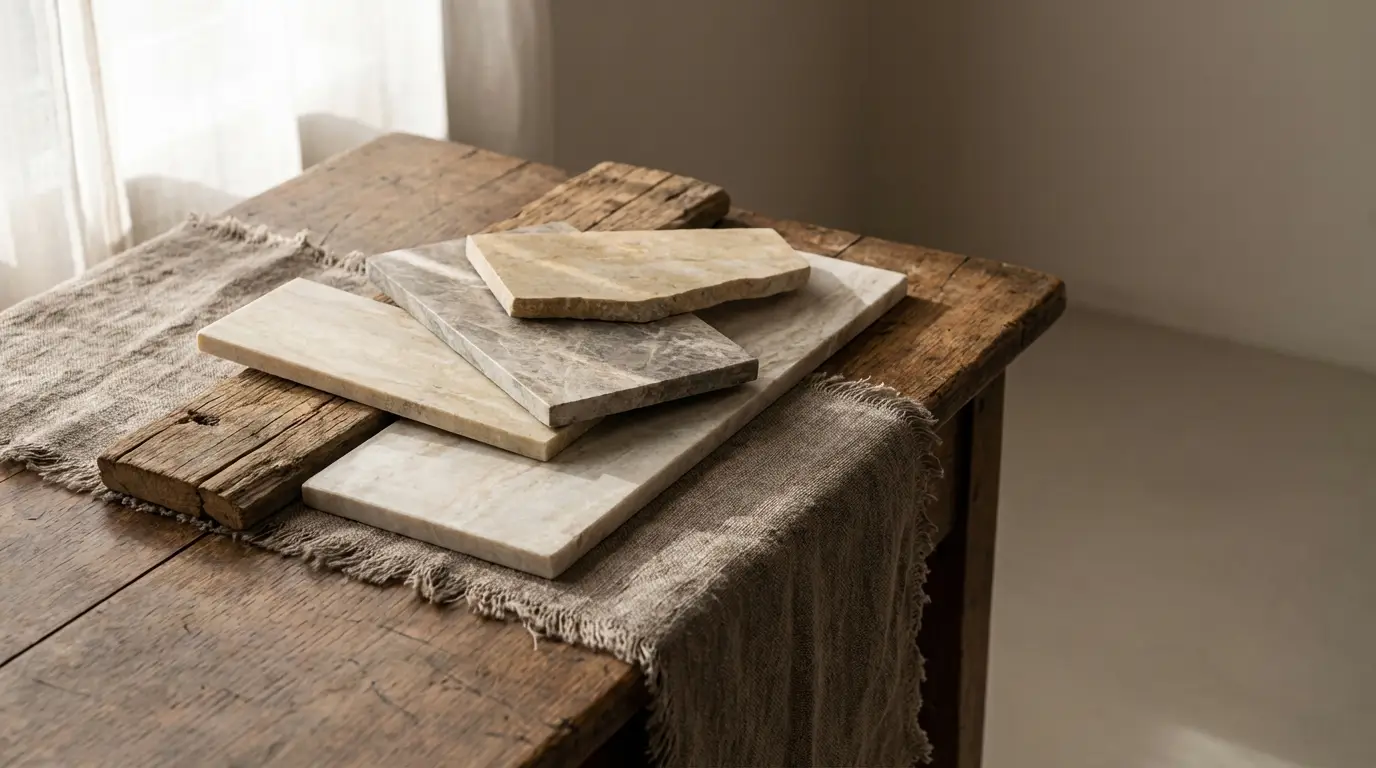 Stacked stone slabs on rustic wooden table with linen cloth in natural light