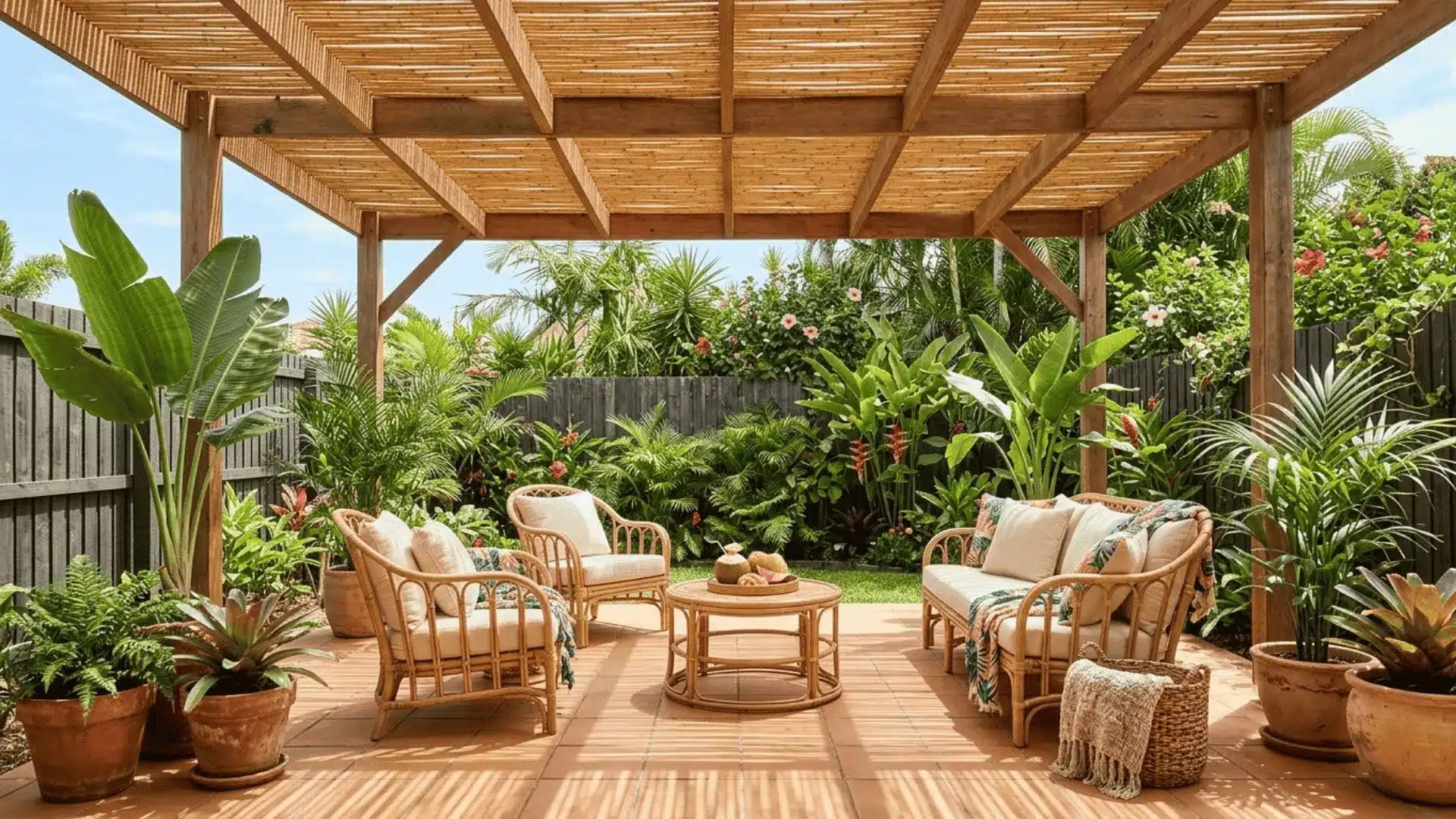 honey toned bamboo roof panels on a wooden frame over a tropical inspired backyard deck