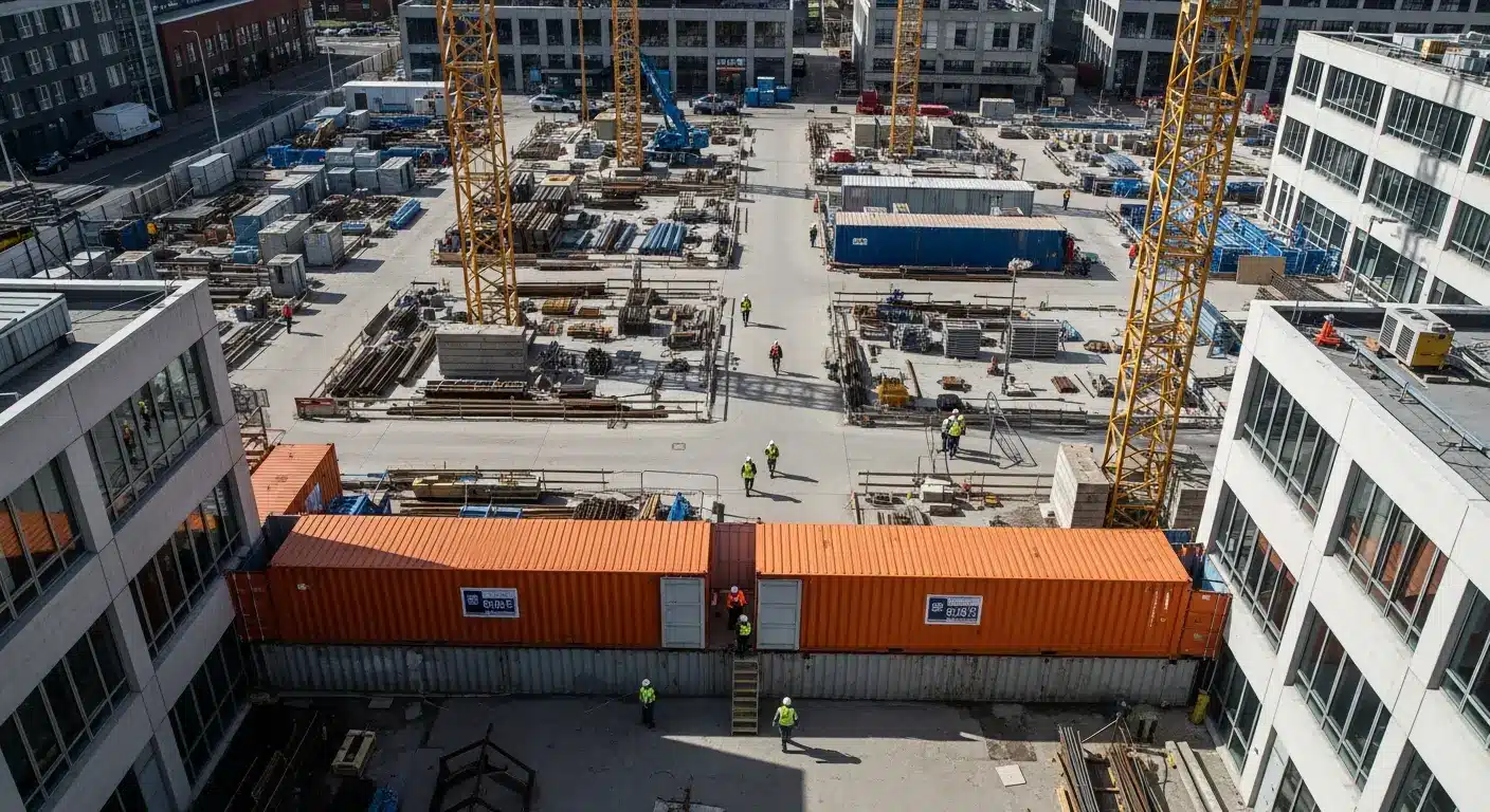 Construction site with cranes and workers in helmets surrounded by modern office buildings