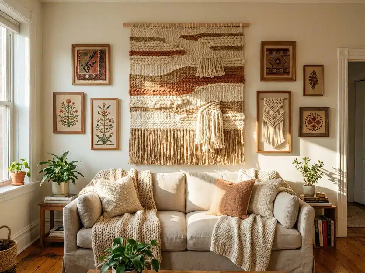 Beige couch with knitted throws and cushions beneath woven wall art in sunlit living room