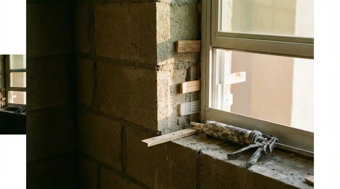 Construction site with window frame installation and caulking gun resting on concrete sill