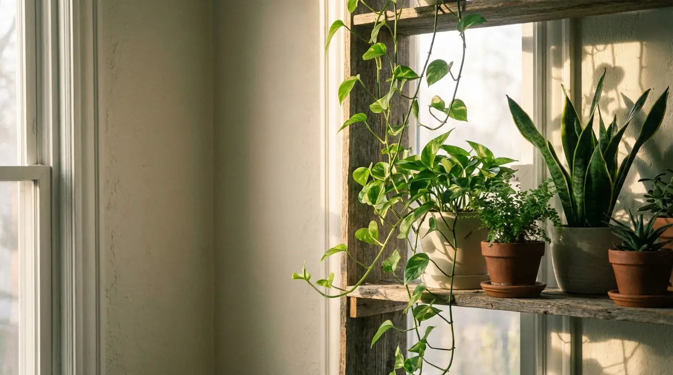 Potted plants on wooden shelf by sunny window in rustic indoor setting