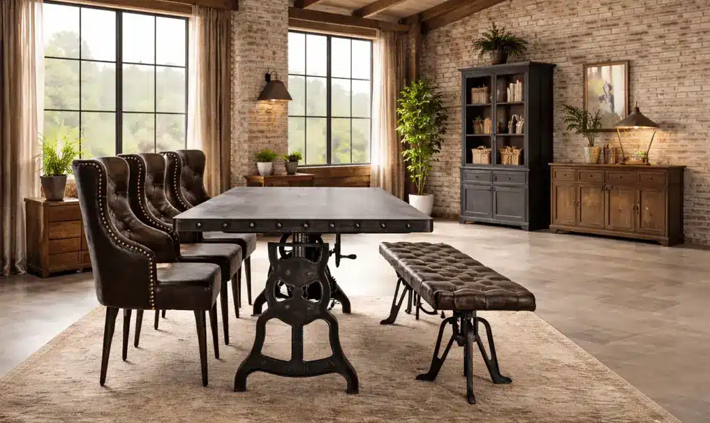 Industrial-style dining room with leather chairs and metal table in a loft setting