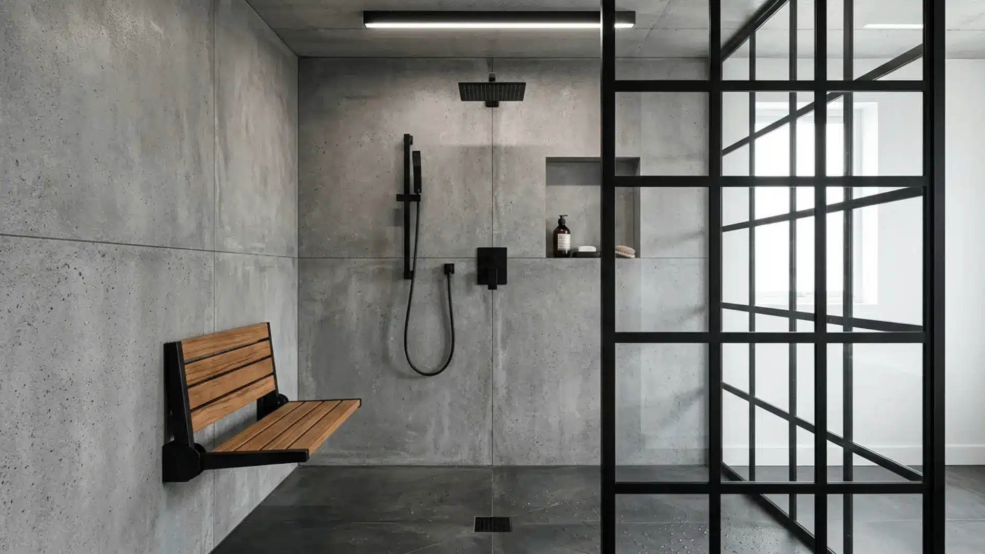 industrial shower with matte black grid glass screen, concrete tile, and black fixtures