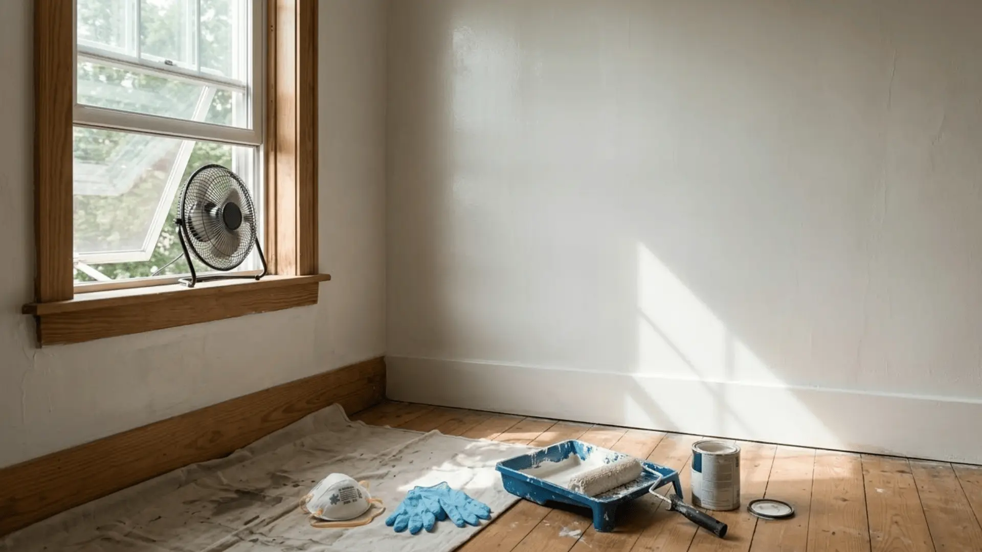 interior room being painted with ventilation fan, respirator mask, and gloves on the floor mid-project