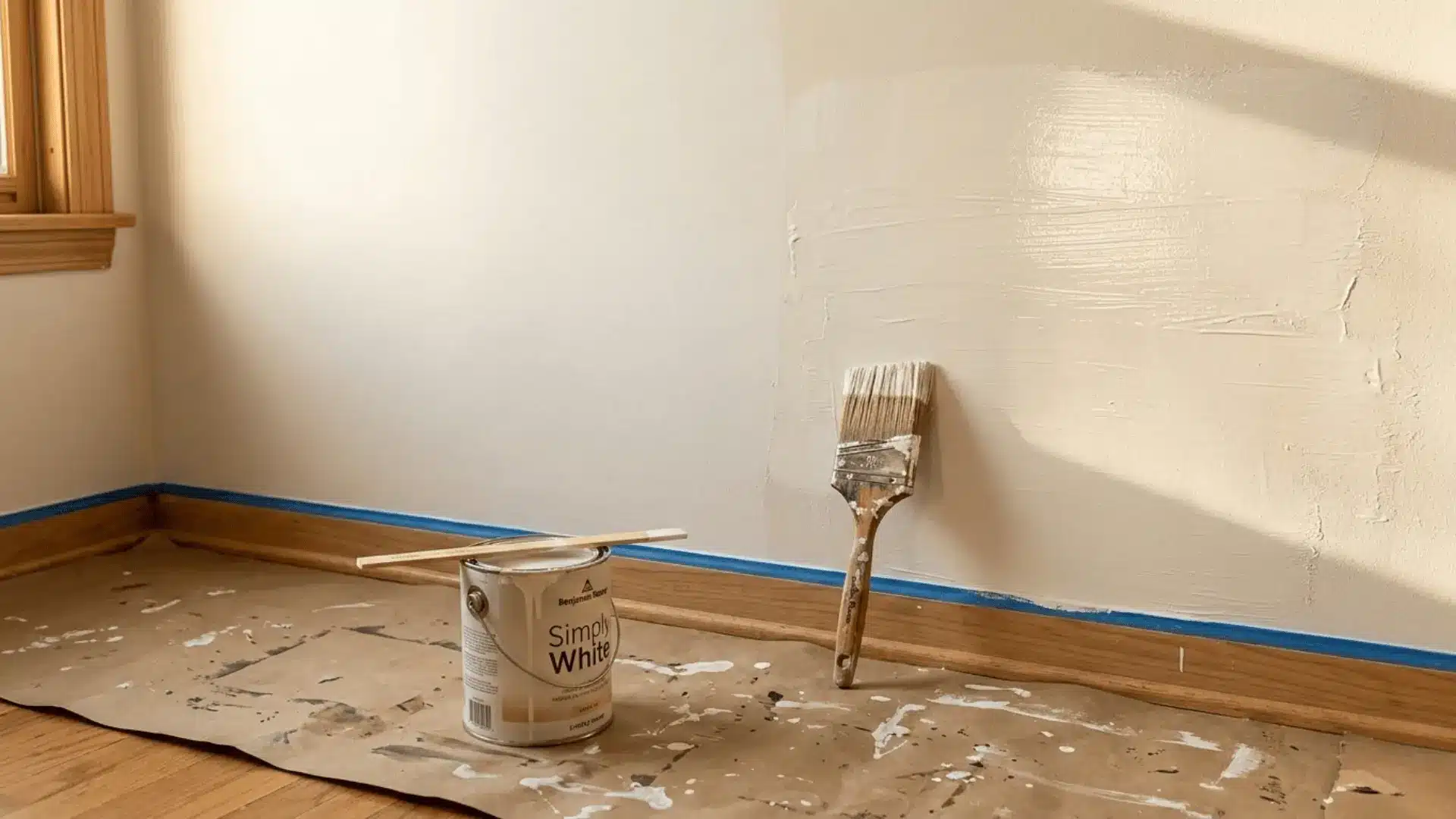 interior wall showing uneven paint finish from recoating too soon, with paintbrush and open paint can nearby