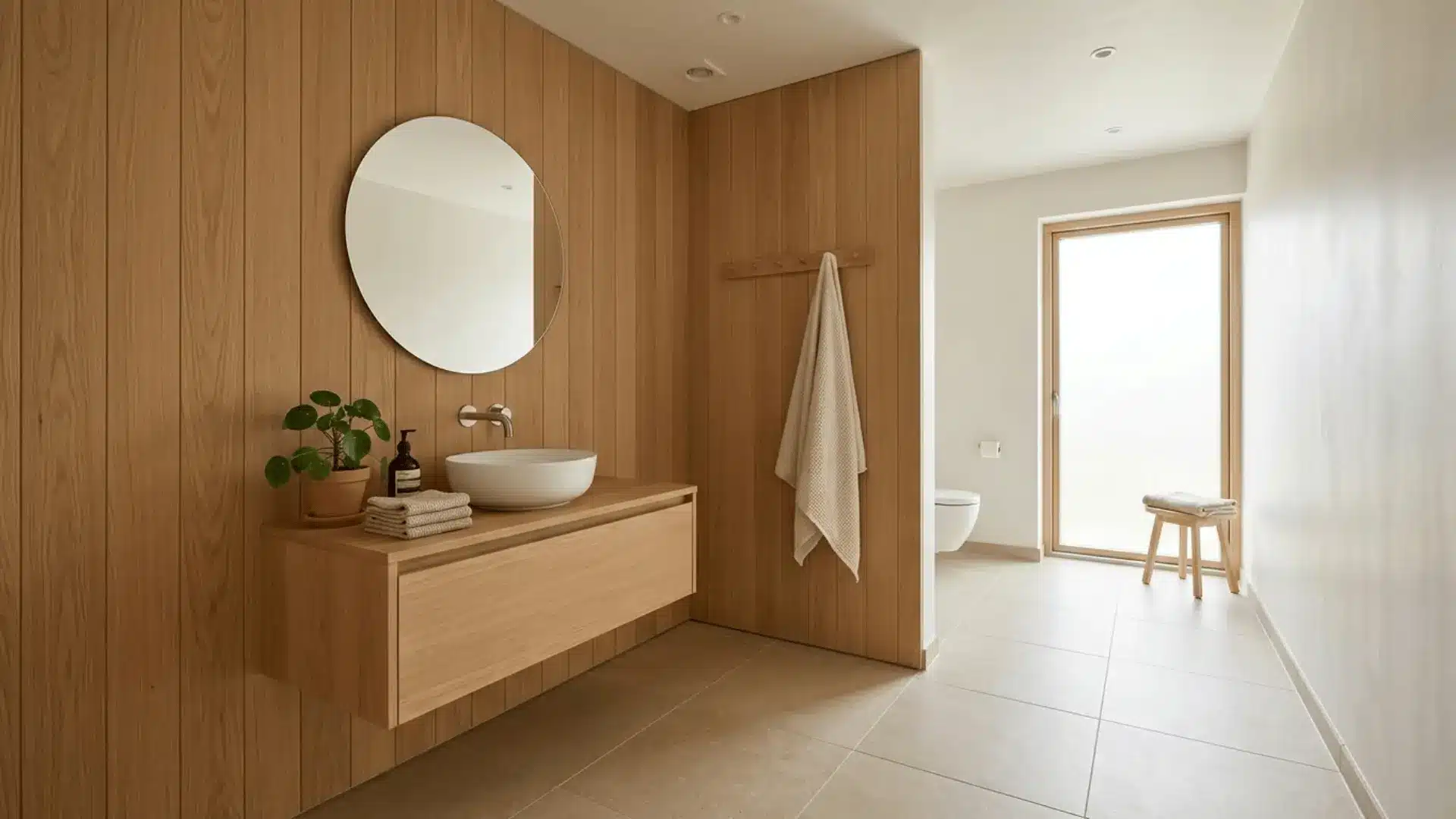 japandi bathroom with light oak panels, ceramic basin, linen towels, and warm stone floor tiles