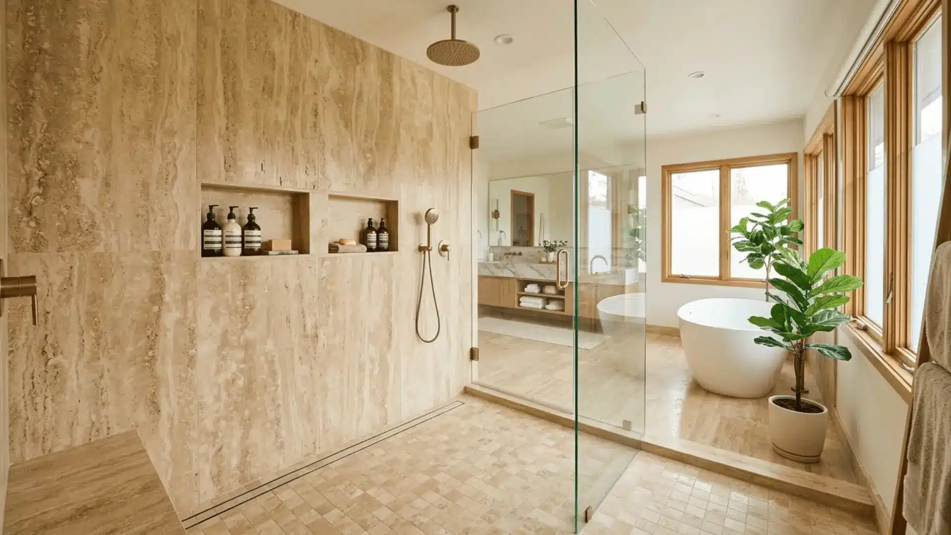 large walk-in shower with travertine tiles, brushed gold fixtures, built-in niche, and frameless glass