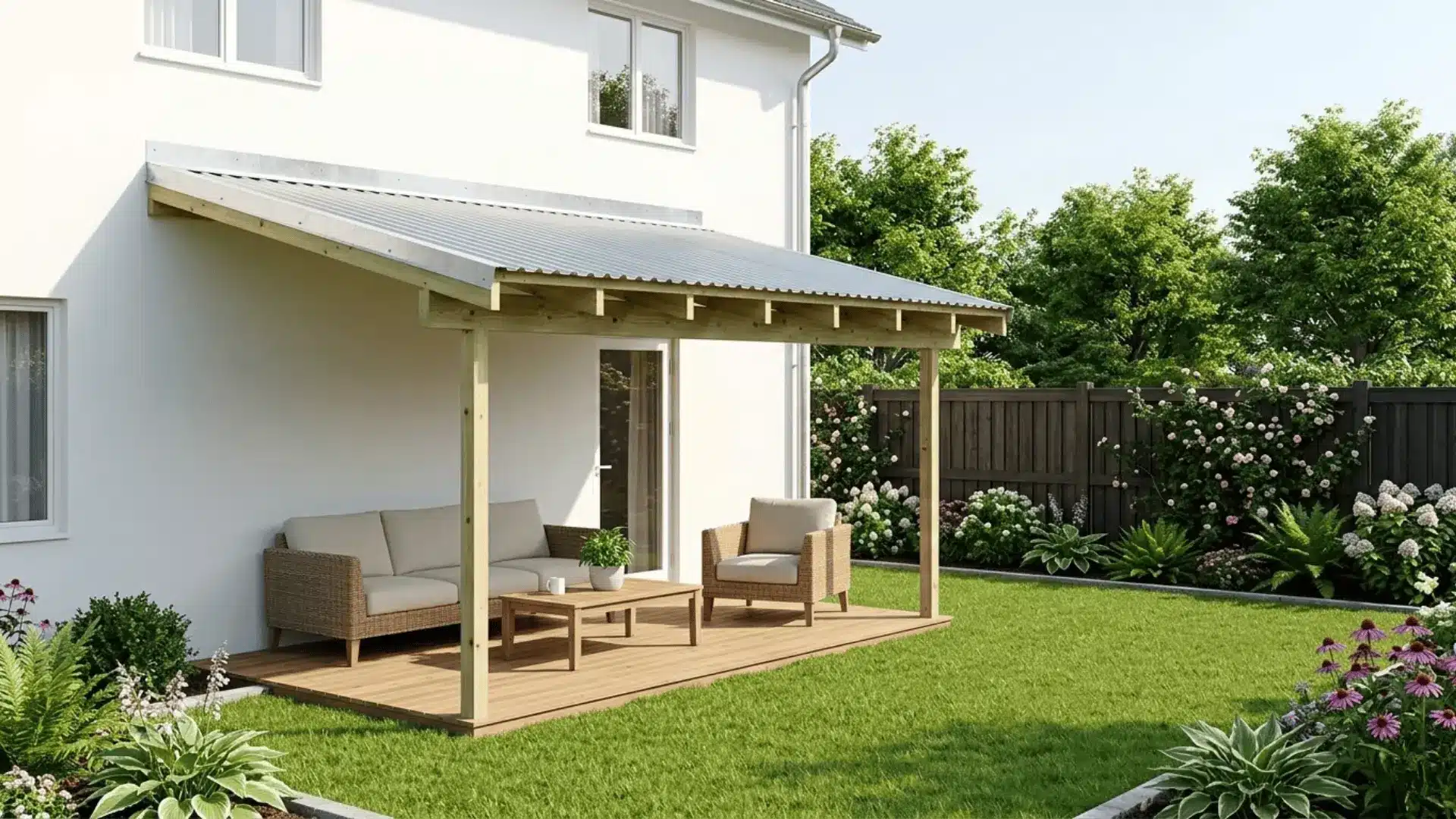 lean to corrugated metal roof attached to a white suburban home wall over a backyard deck