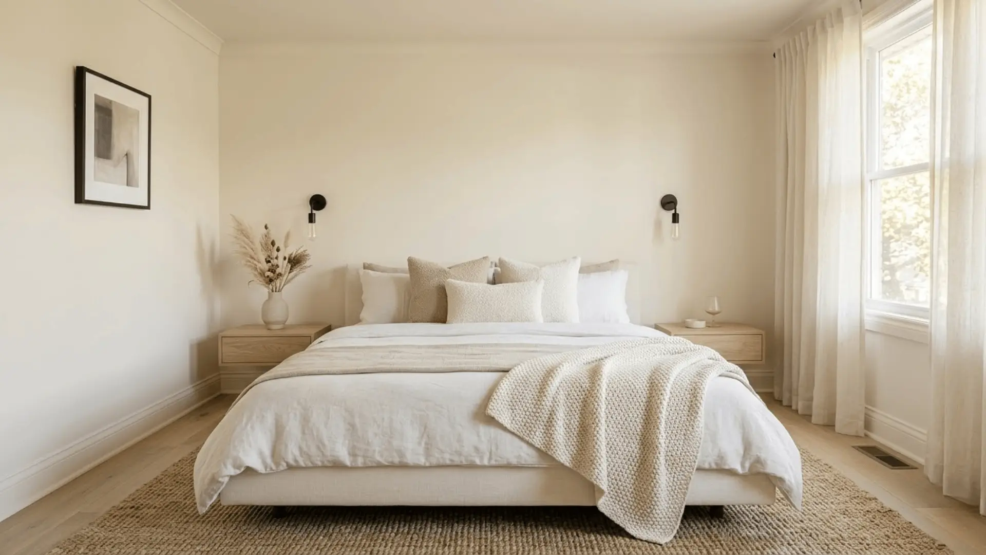 light ivory color drenching bedroom with linen bedding and soft natural morning light