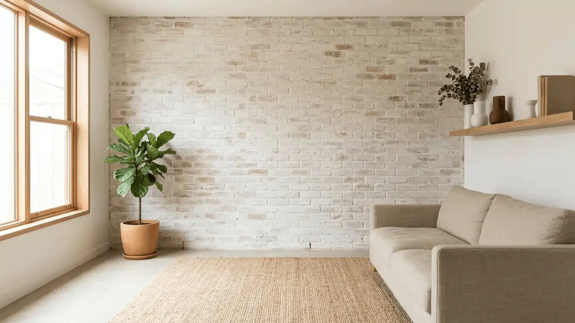 lime washed brick accent wall in a warm natural living room with oak shelf ceramic vessels and linen sofa