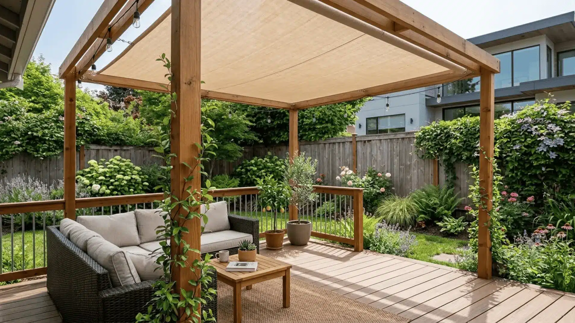 linen toned exterior roller shade extended horizontally overhead on a contemporary backyard pergola