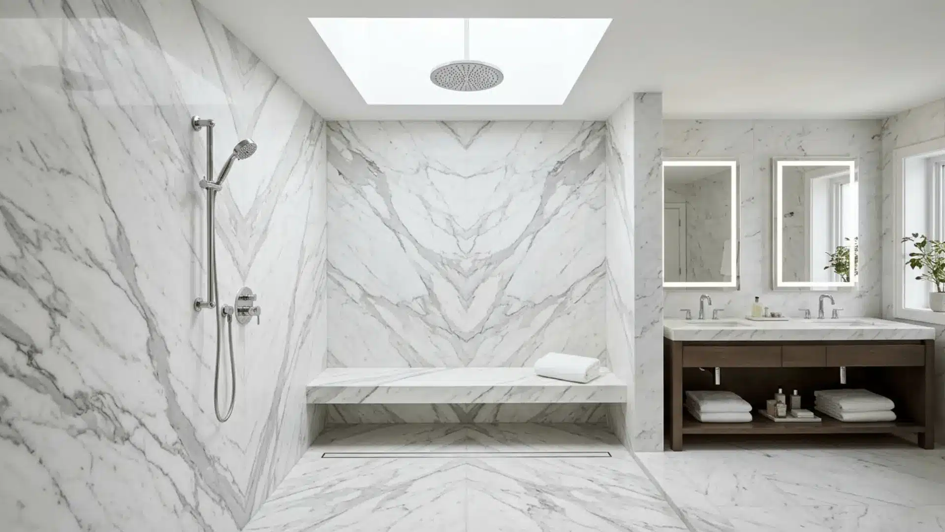 luxury walk-in shower with marble slabs, dual chrome showerheads, rainfall head, and a built-in bench