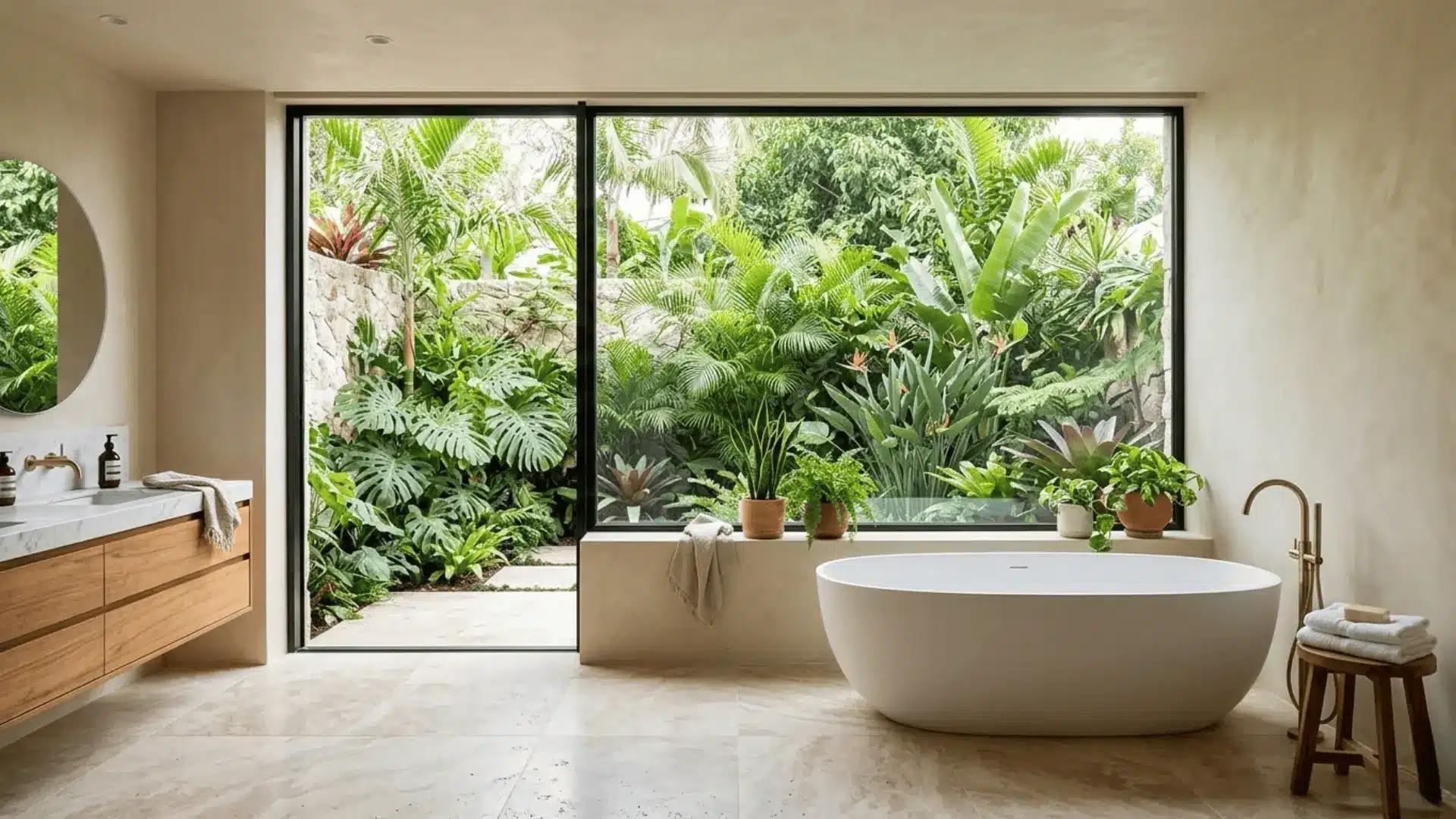 master bathroom with floor to ceiling window overlooking garden, travertine floors, and freestanding tub