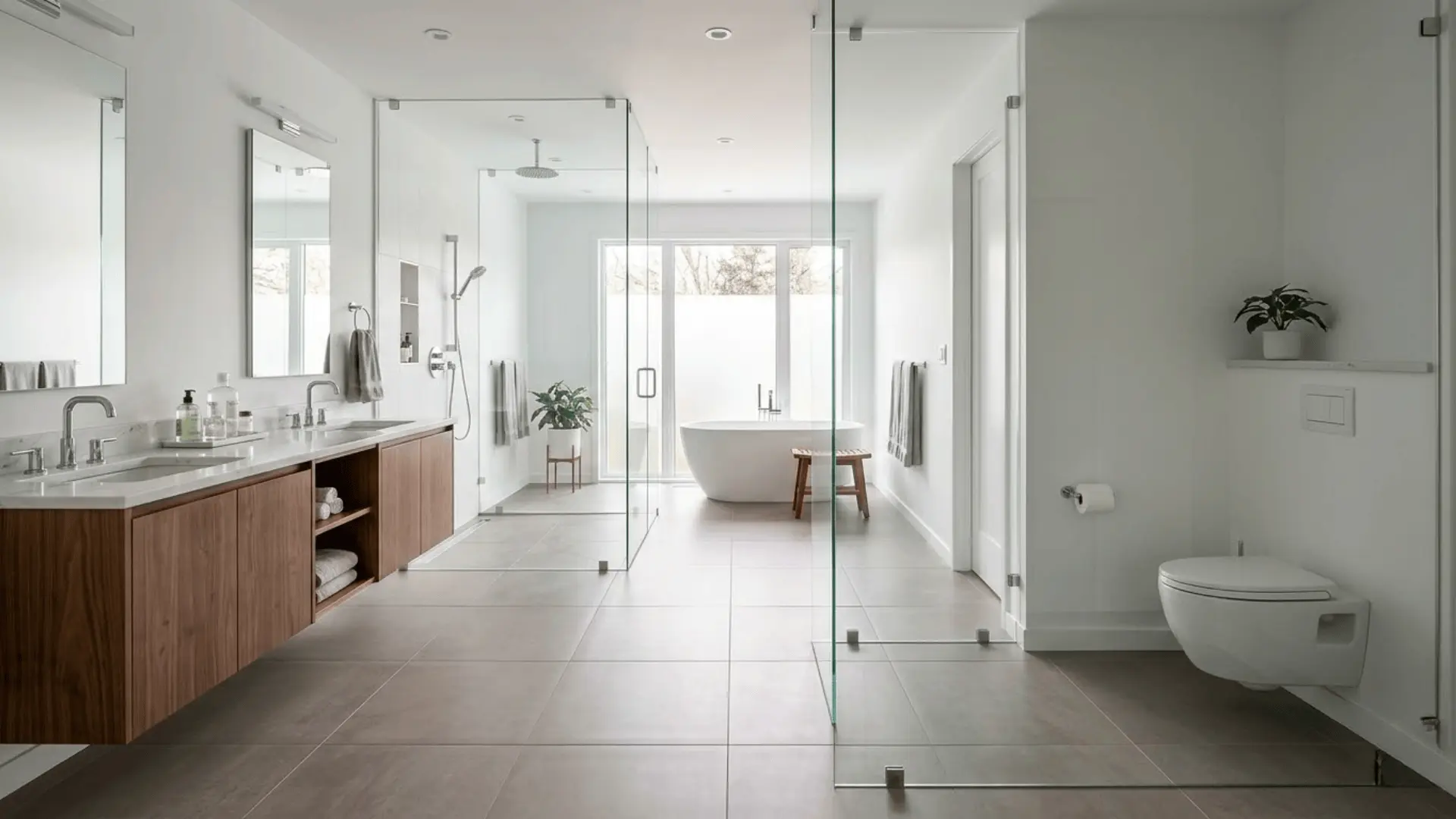 master bathroom with frameless glass partition separating toilet zone from vanity and shower area
