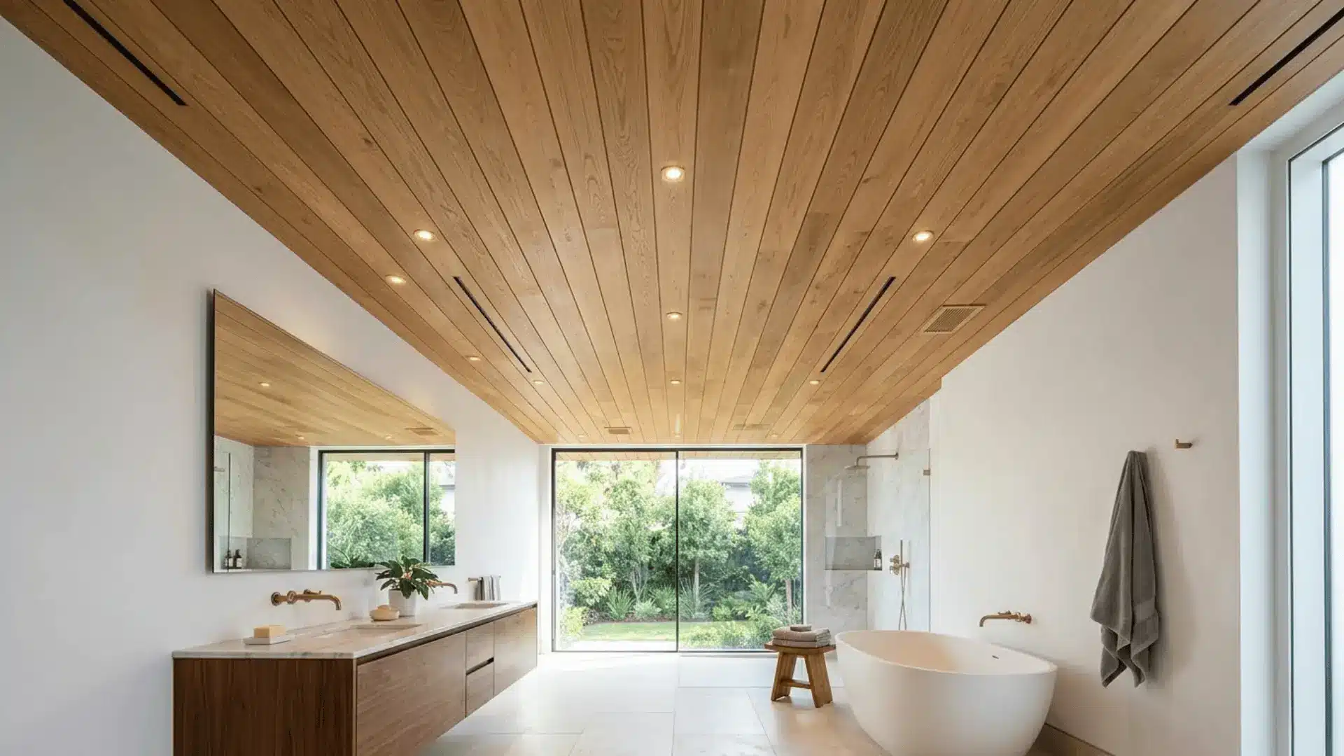 master bathroom with warm oak wood plank ceiling, recessed lighting, white walls, and stone tile floor