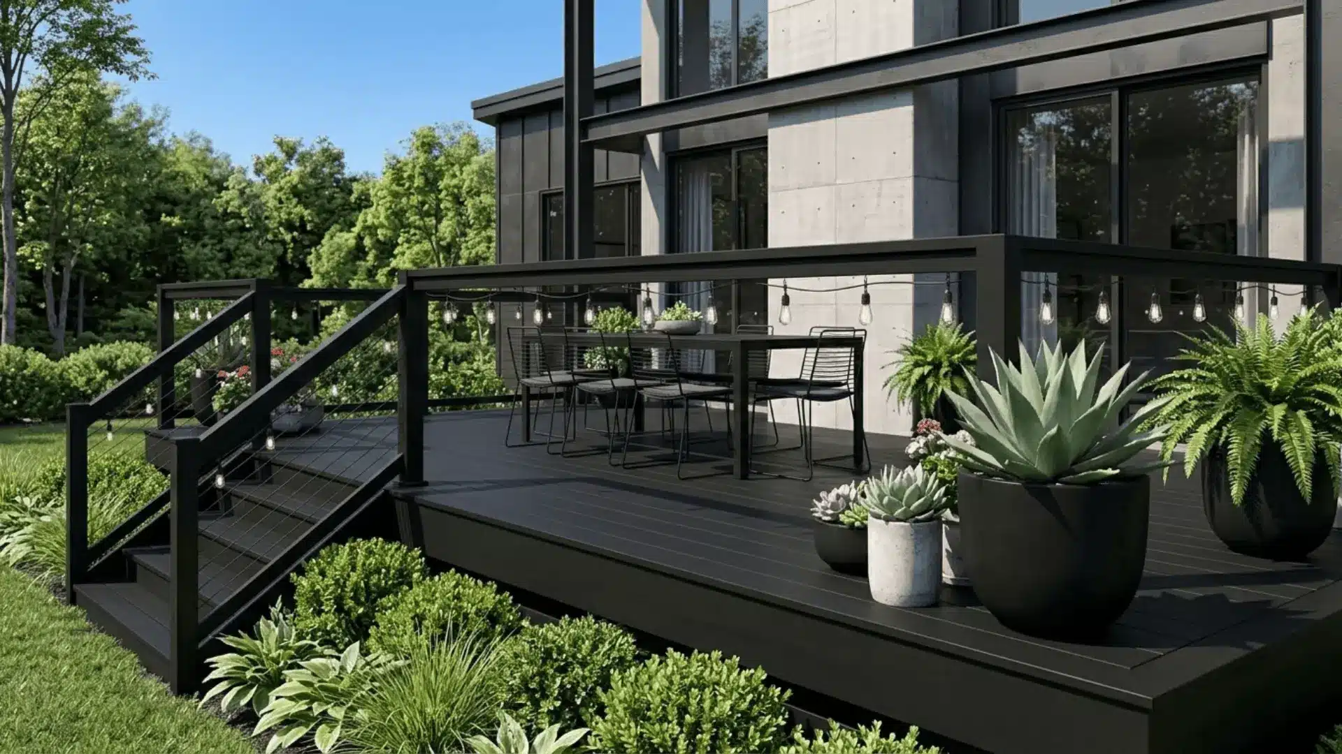 matte charcoal black deck with modern industrial home and vibrant green landscaping