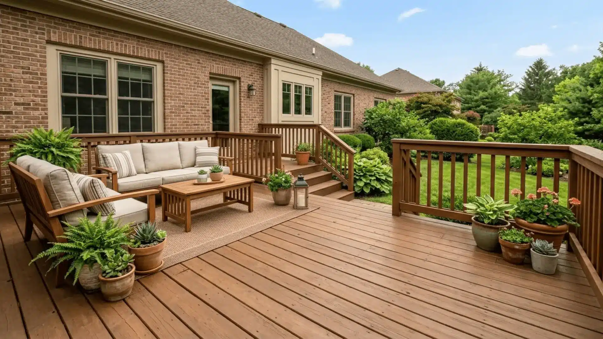 medium brown stained deck beside a brick home with green lawn in background