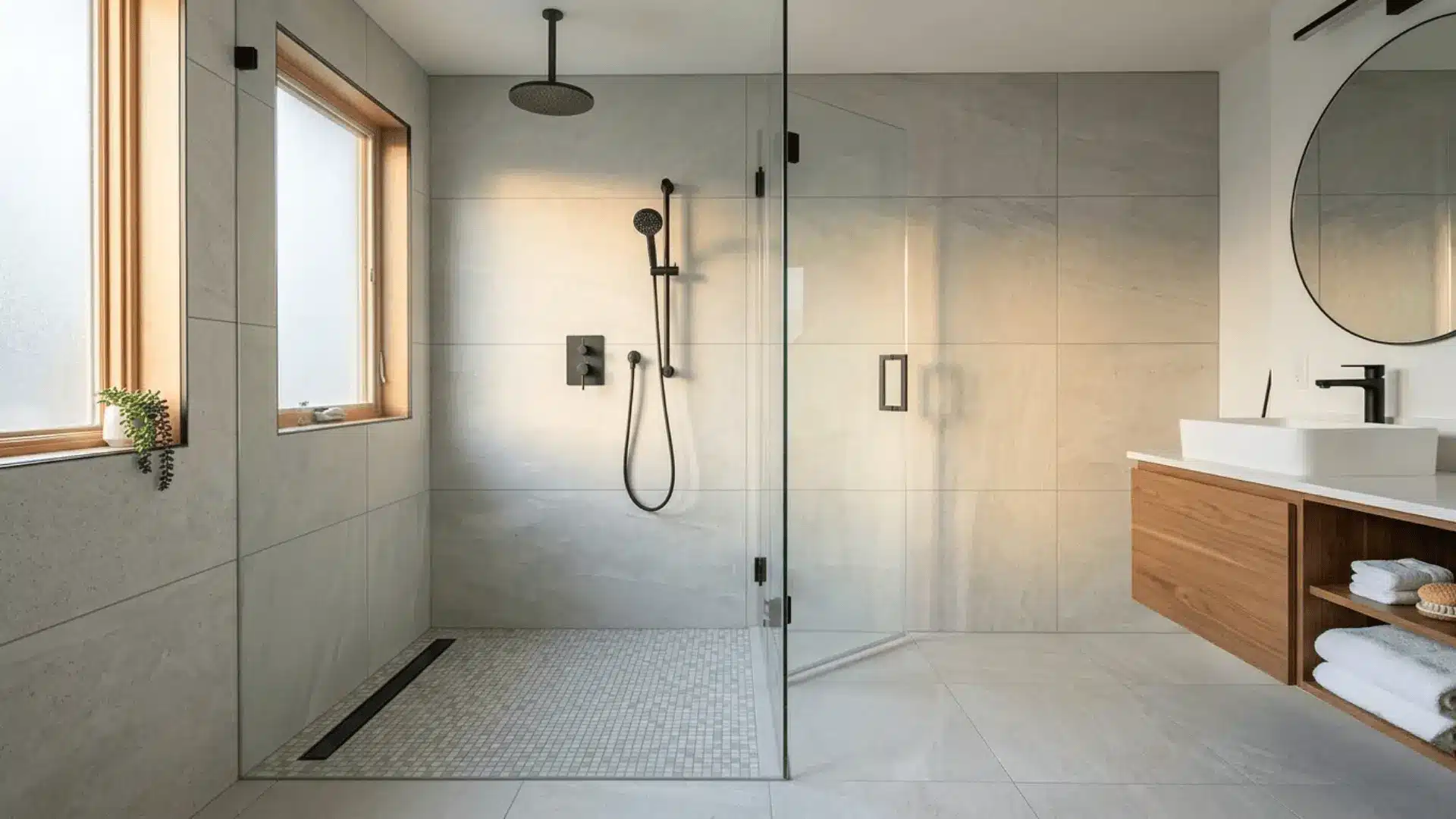 medium walk-in shower with grey porcelain tiles, matte black fixtures, and a frameless glass door