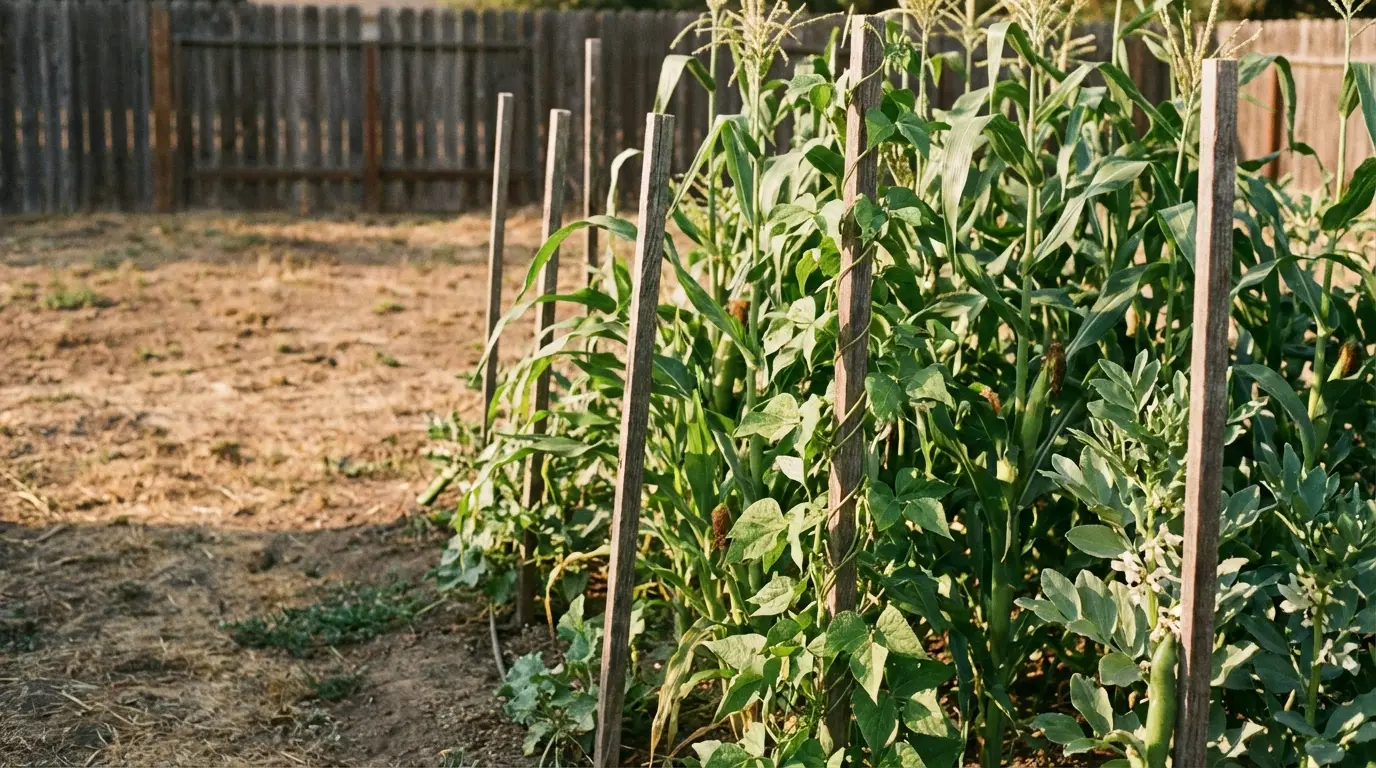 Trellised green bean plants growing in a garden with wooden fence background
