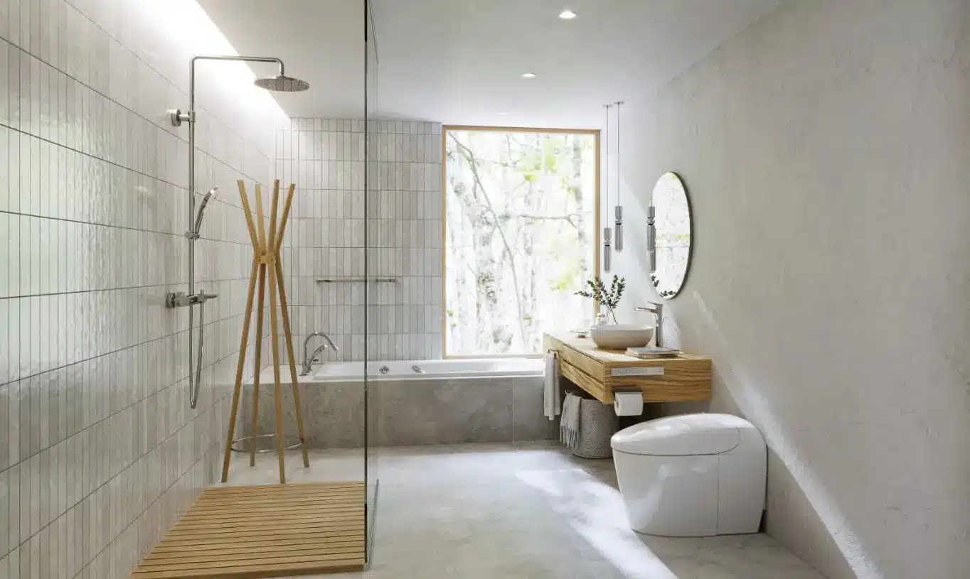 Modern bathroom with freestanding tub, glass shower, and wooden vanity under natural light