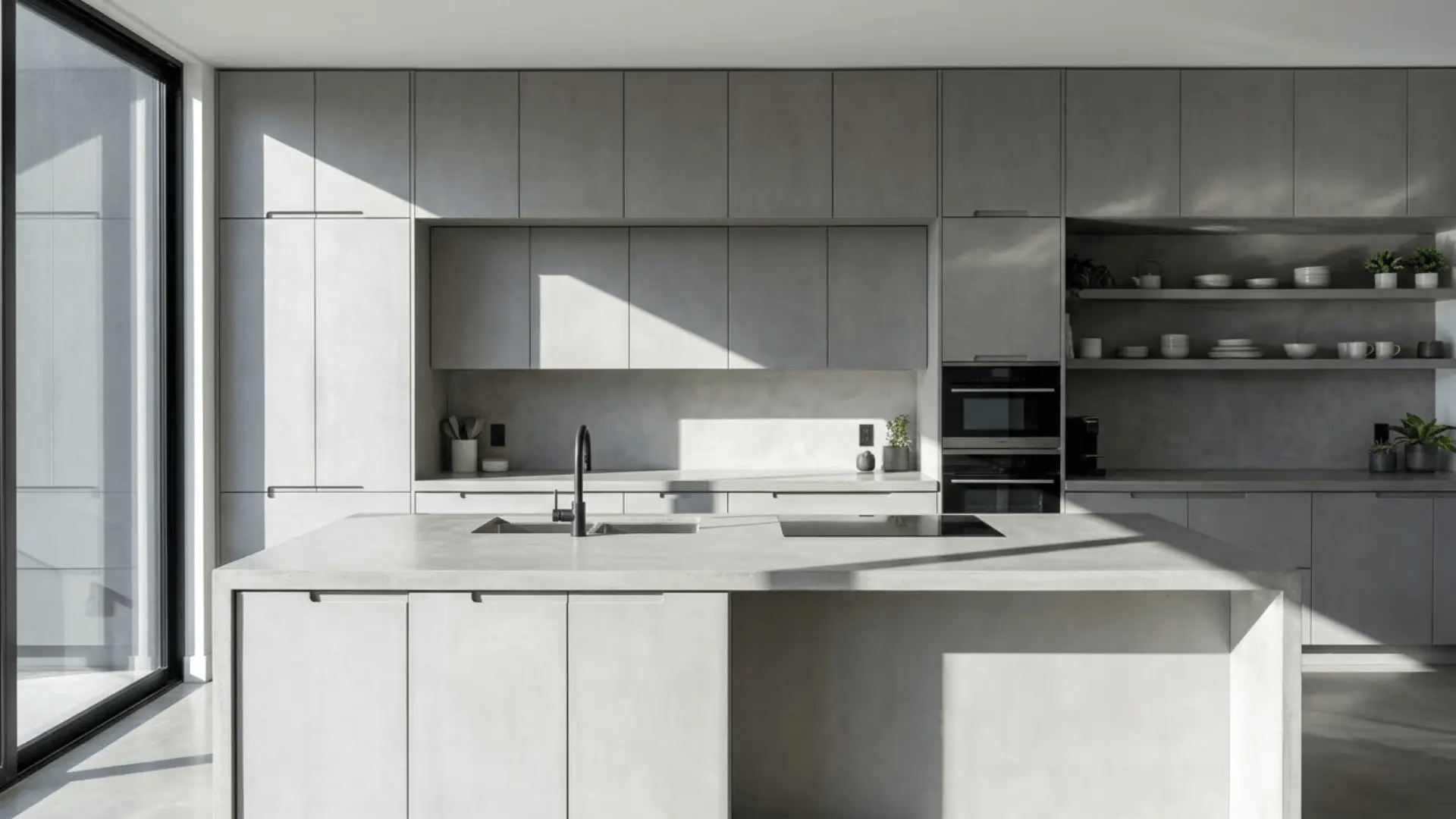 modern kitchen with full overlay flat-front cabinets in matte grey and integrated hardware under natural light