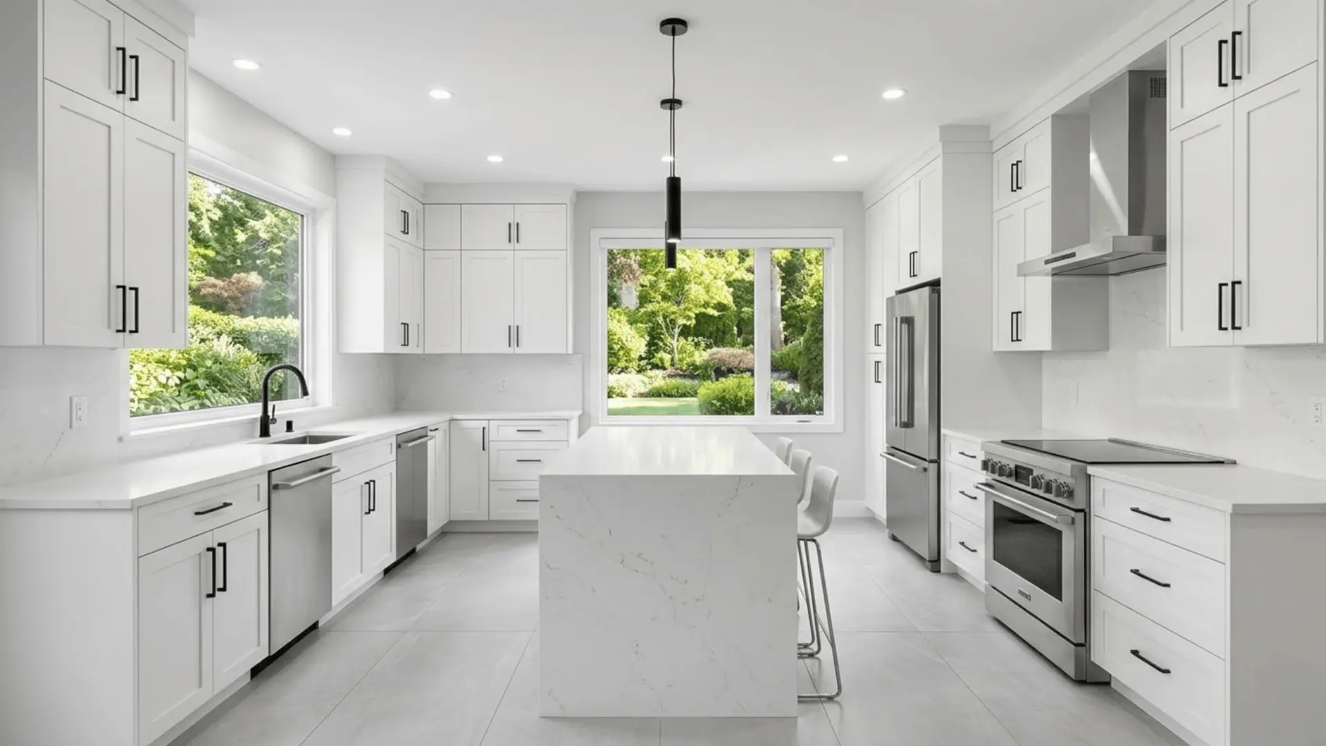 modern kitchen with white shaker cabinets, black hardware, quartz countertops, and stainless steel appliances