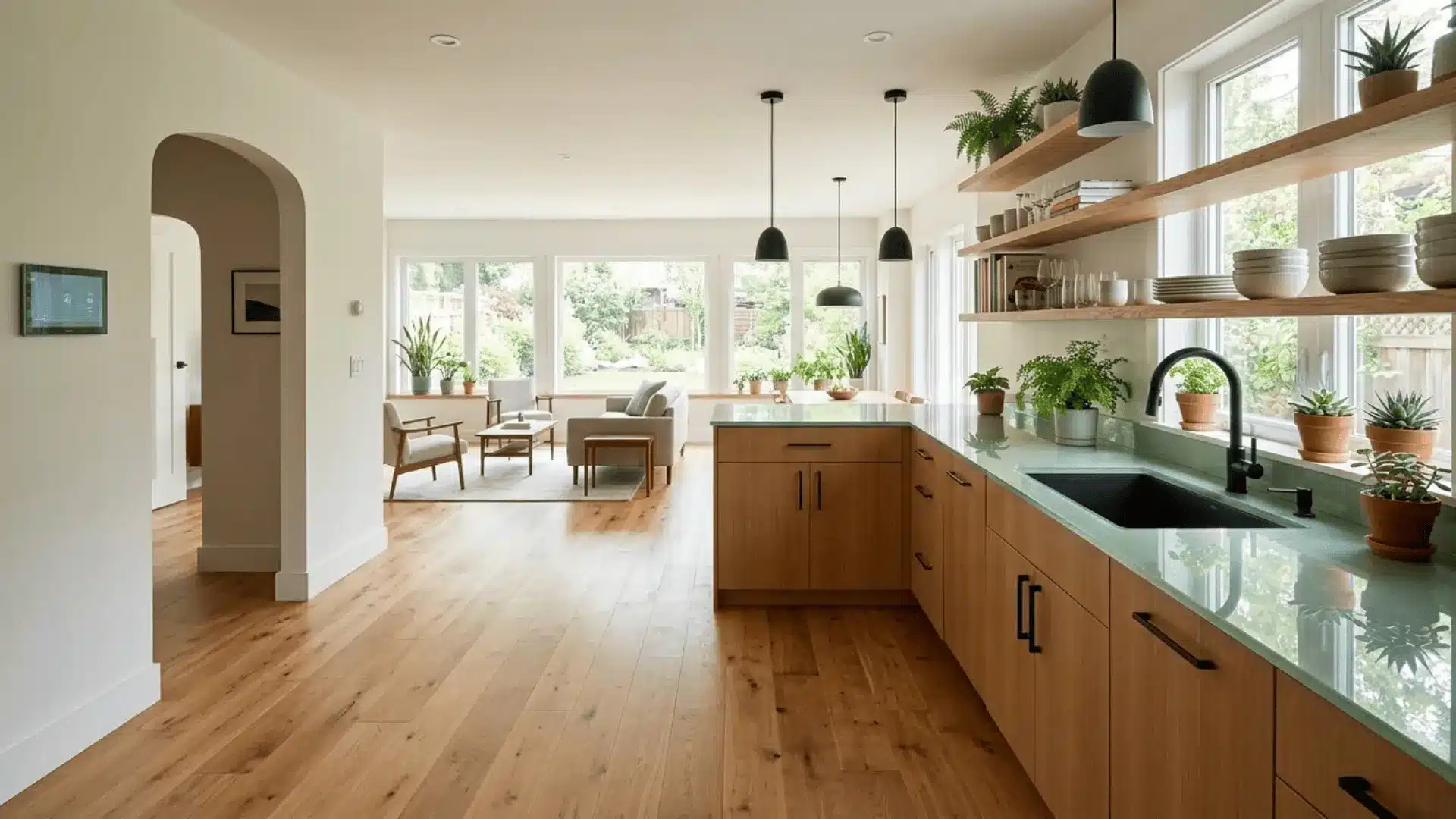 modern renovated kitchen with reclaimed wood shelves, recycled glass countertops, and smart home panel