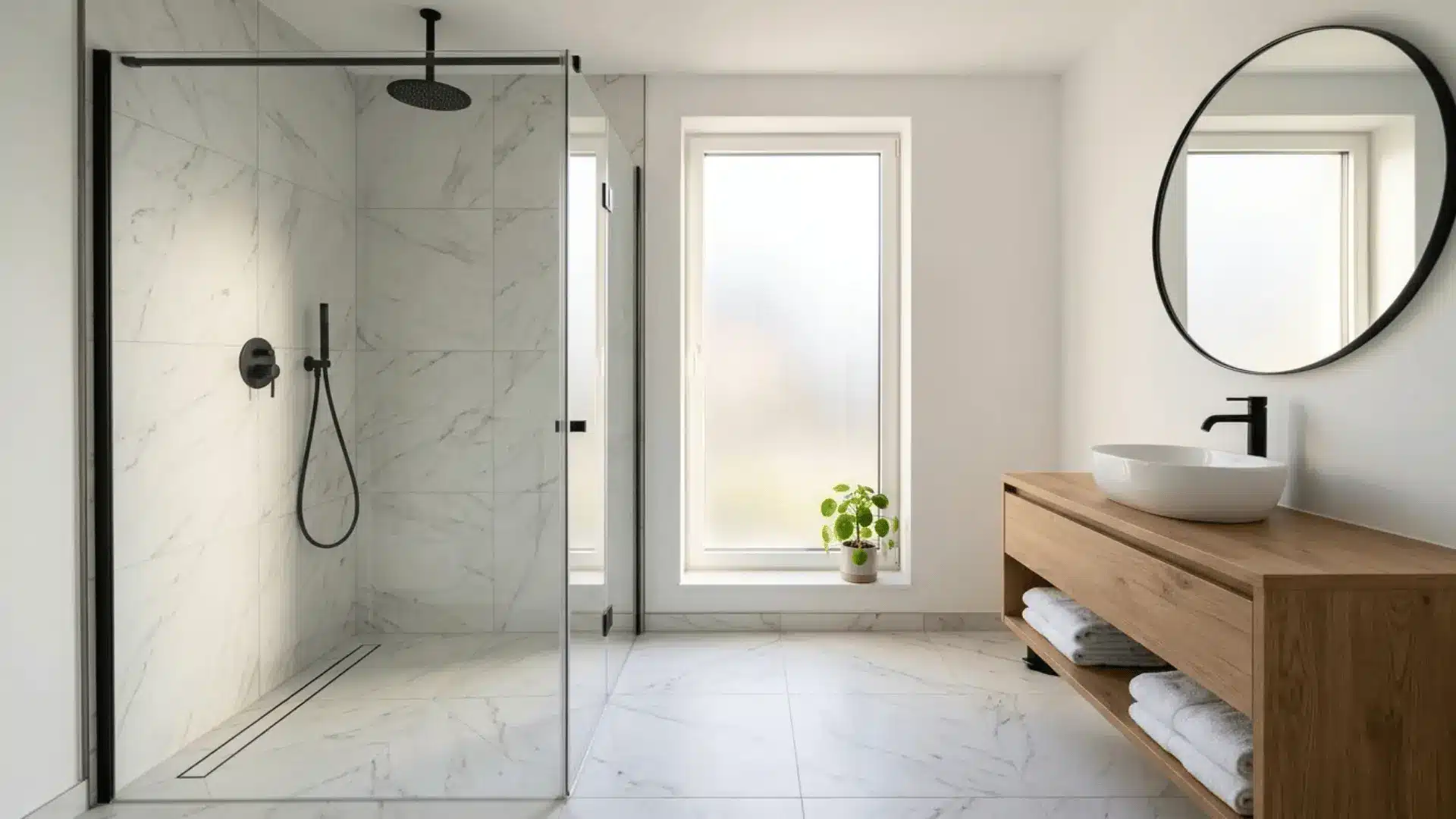 modern walk-in shower with marble tiles, matte black fixtures, and natural light in a clean bathroom