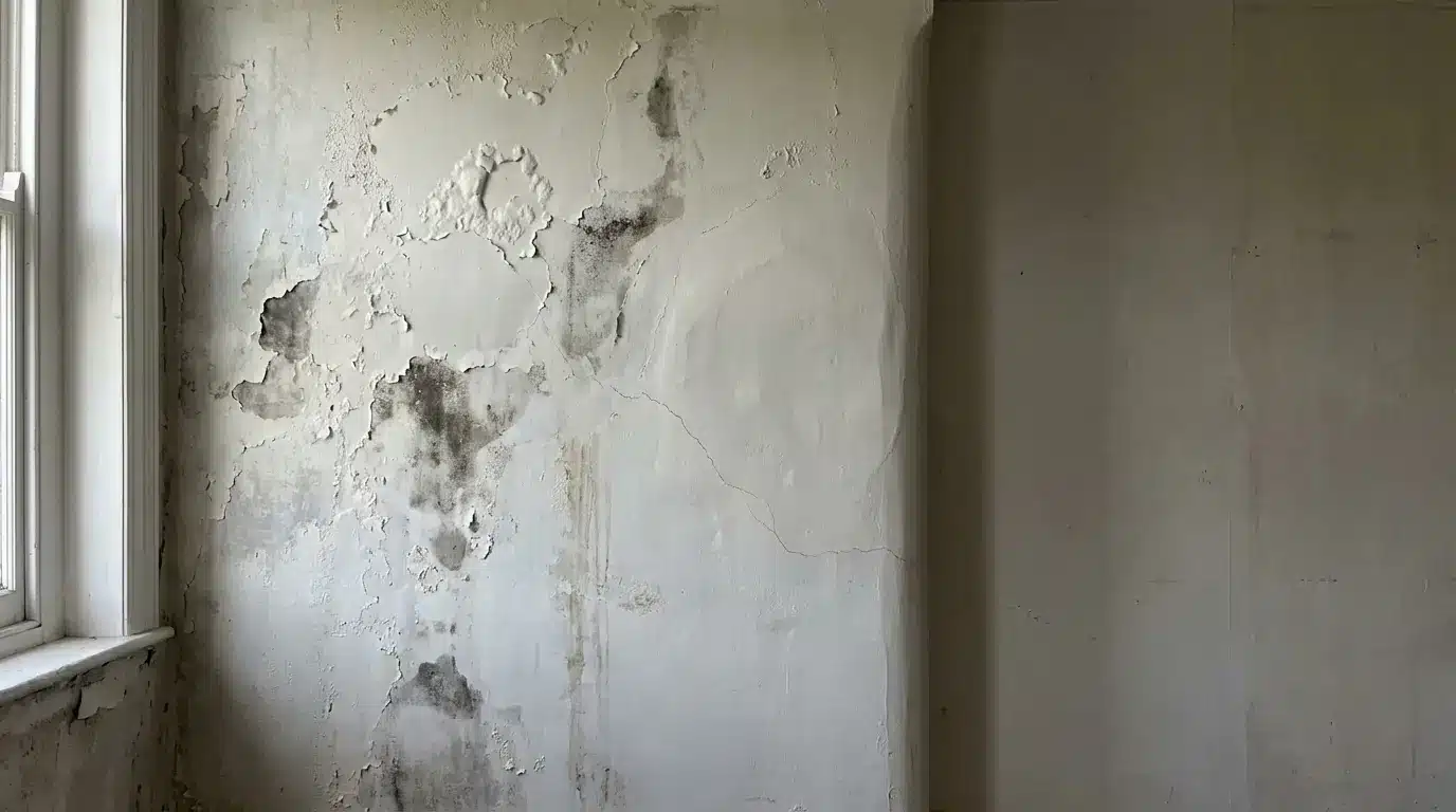 Peeling paint and mold stains on interior wall near window in dimly lit room