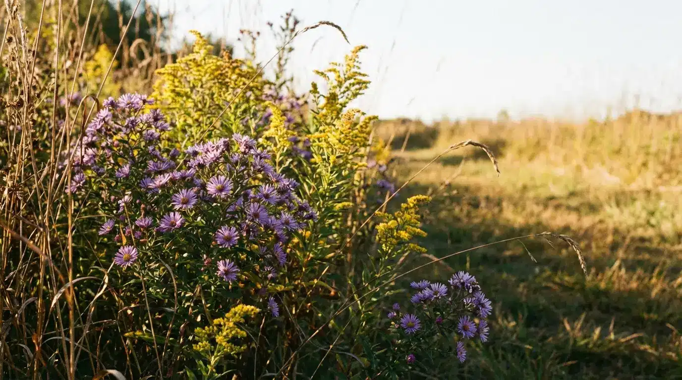 Purple and yellow wildflowers in a sunlit field with tall grasses