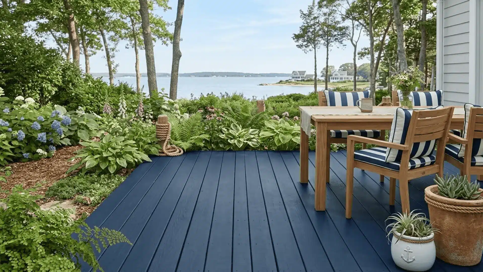 navy blue painted deck on a coastal home with white furniture and open water view