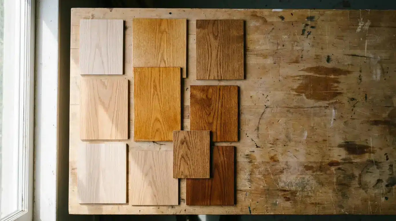 Wooden table with eleven samples of different wood finishes in natural light