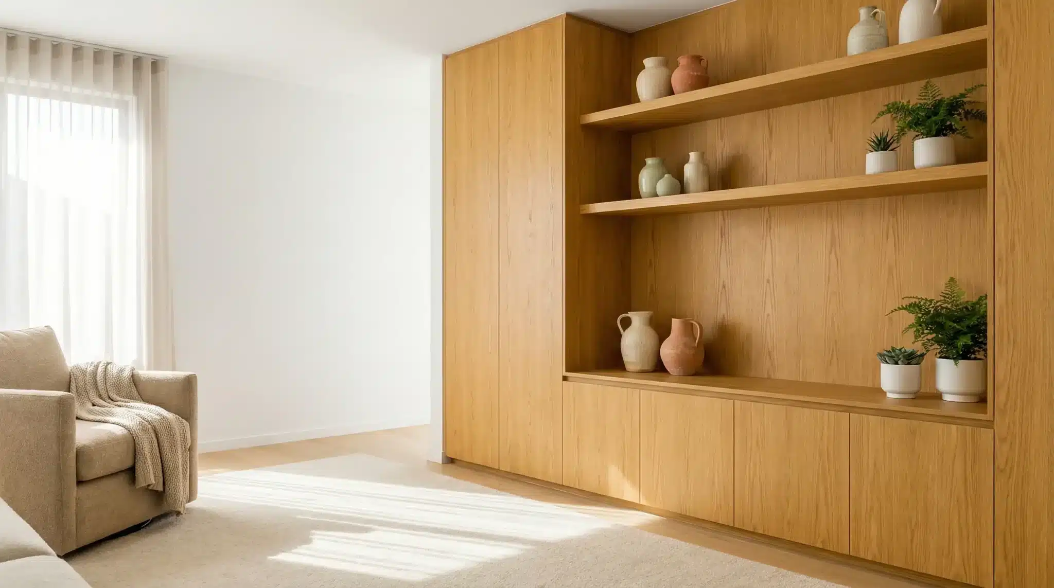 Wooden bookcase with decorative pottery and plants in bright, minimalist living room
