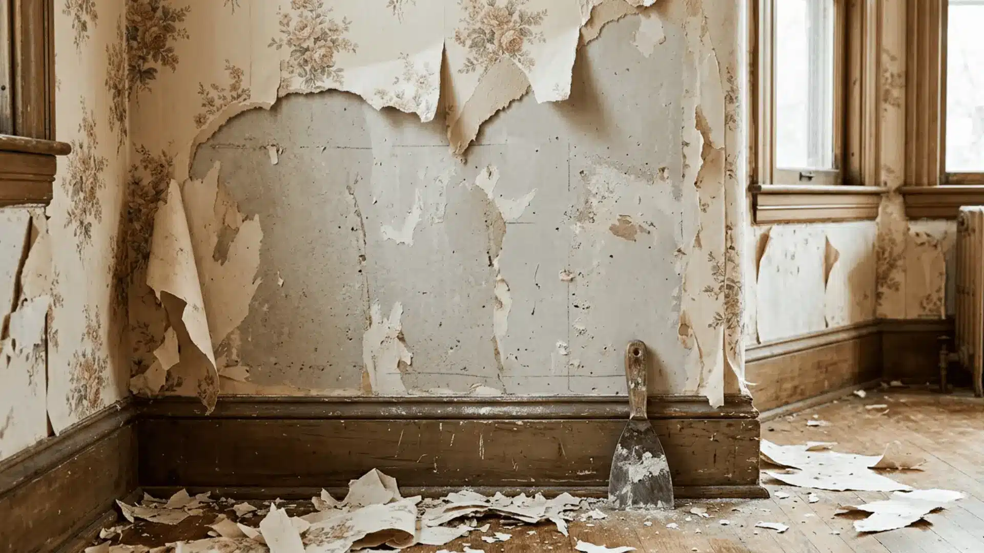 old floral wallpaper peeling off a living room wall during renovation with a scraper resting against the baseboard