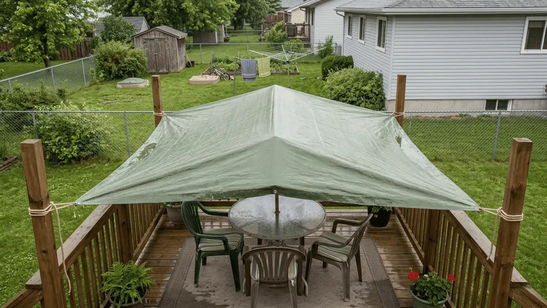 olive green heavy duty tarp pulled taut over rope lines on a simple backyard deck