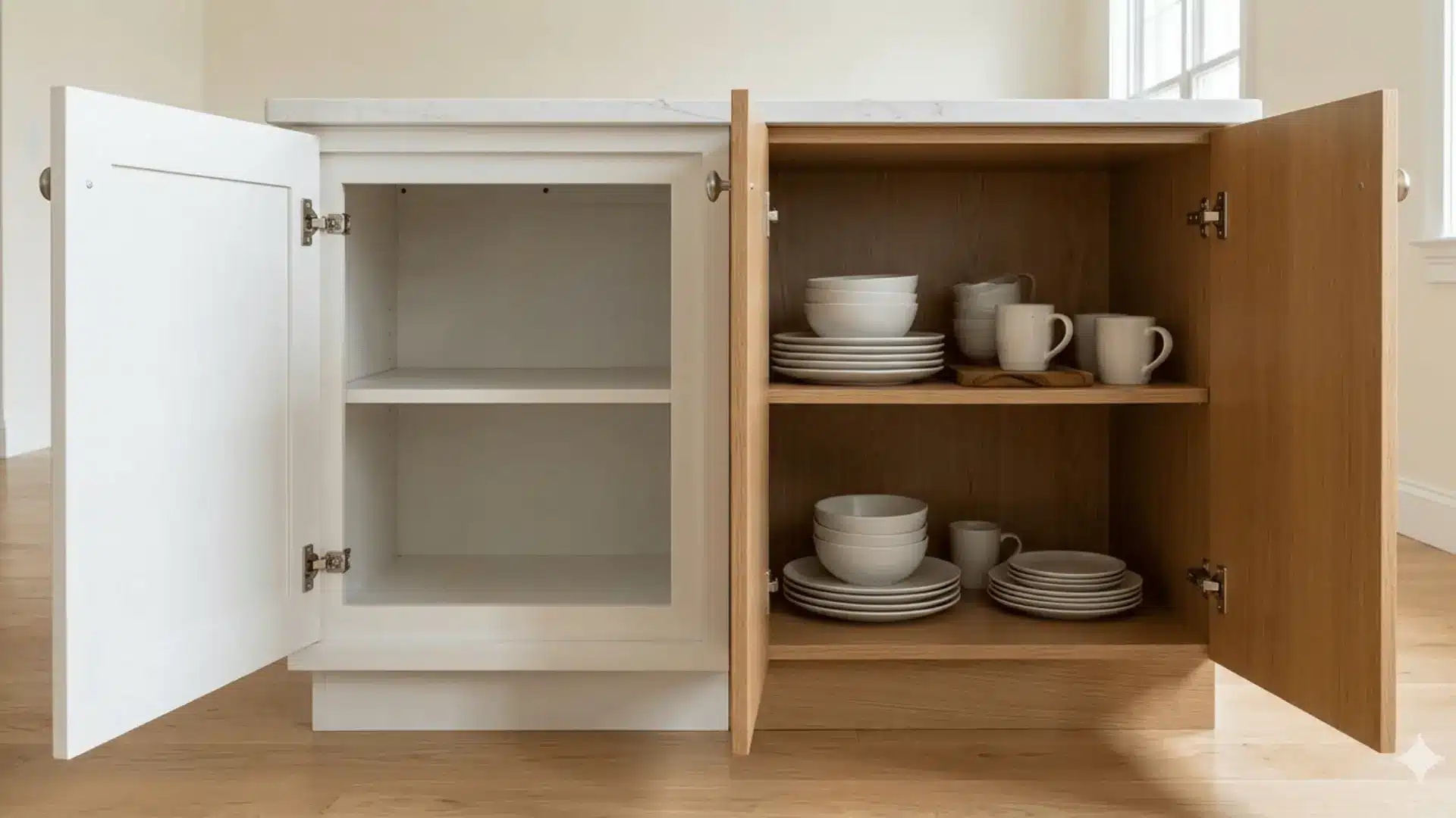 open framed cabinet with visible face frame border beside open frameless cabinet showing full unobstructed interior access